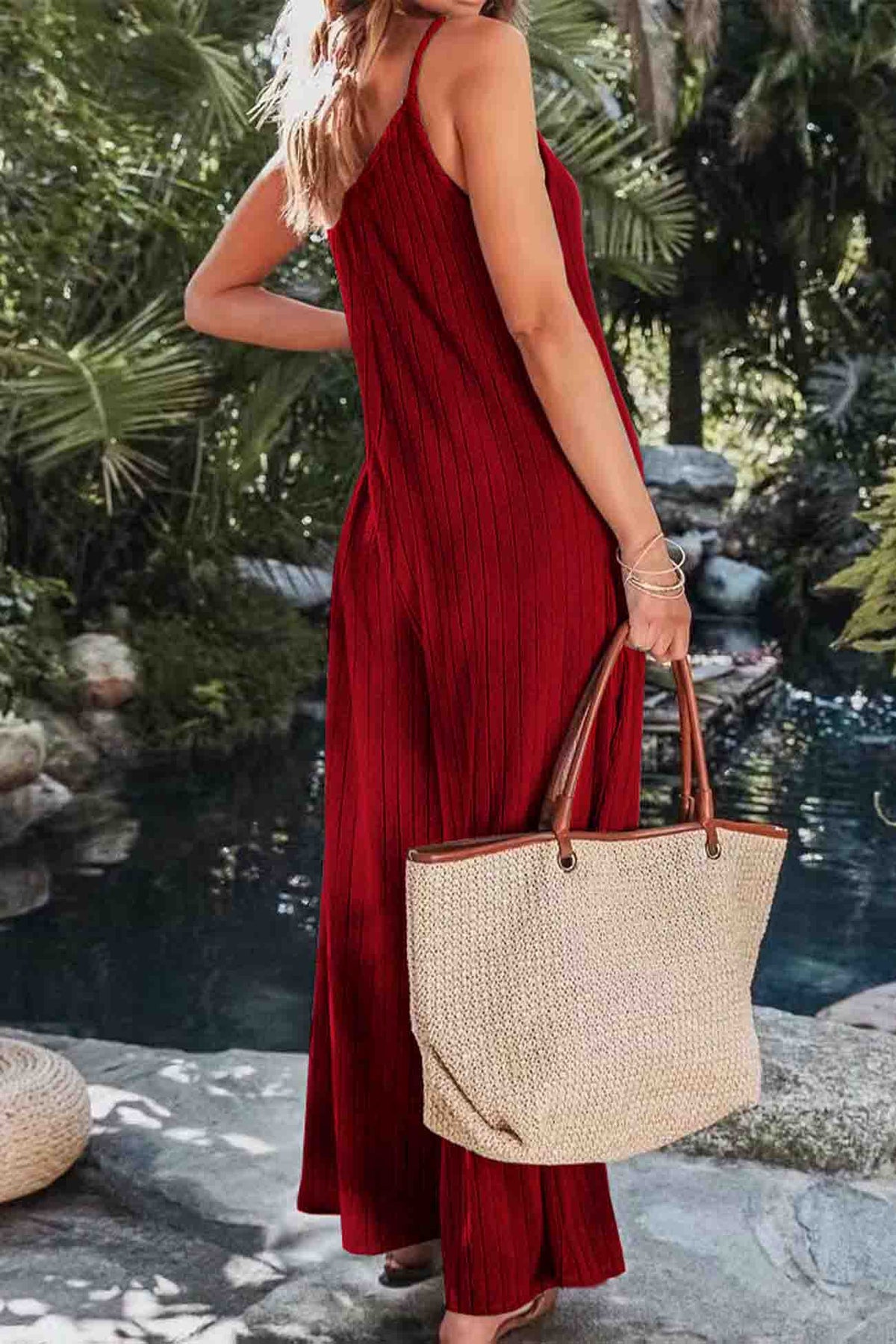 Color Ribbed Sleeveless Wide Leg Jumpsuit