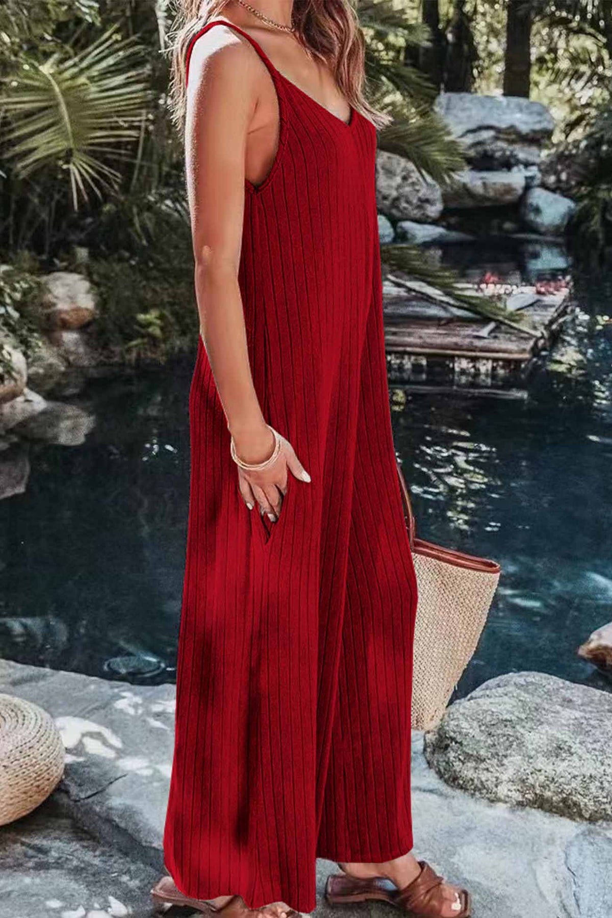 Color Ribbed Sleeveless Wide Leg Jumpsuit