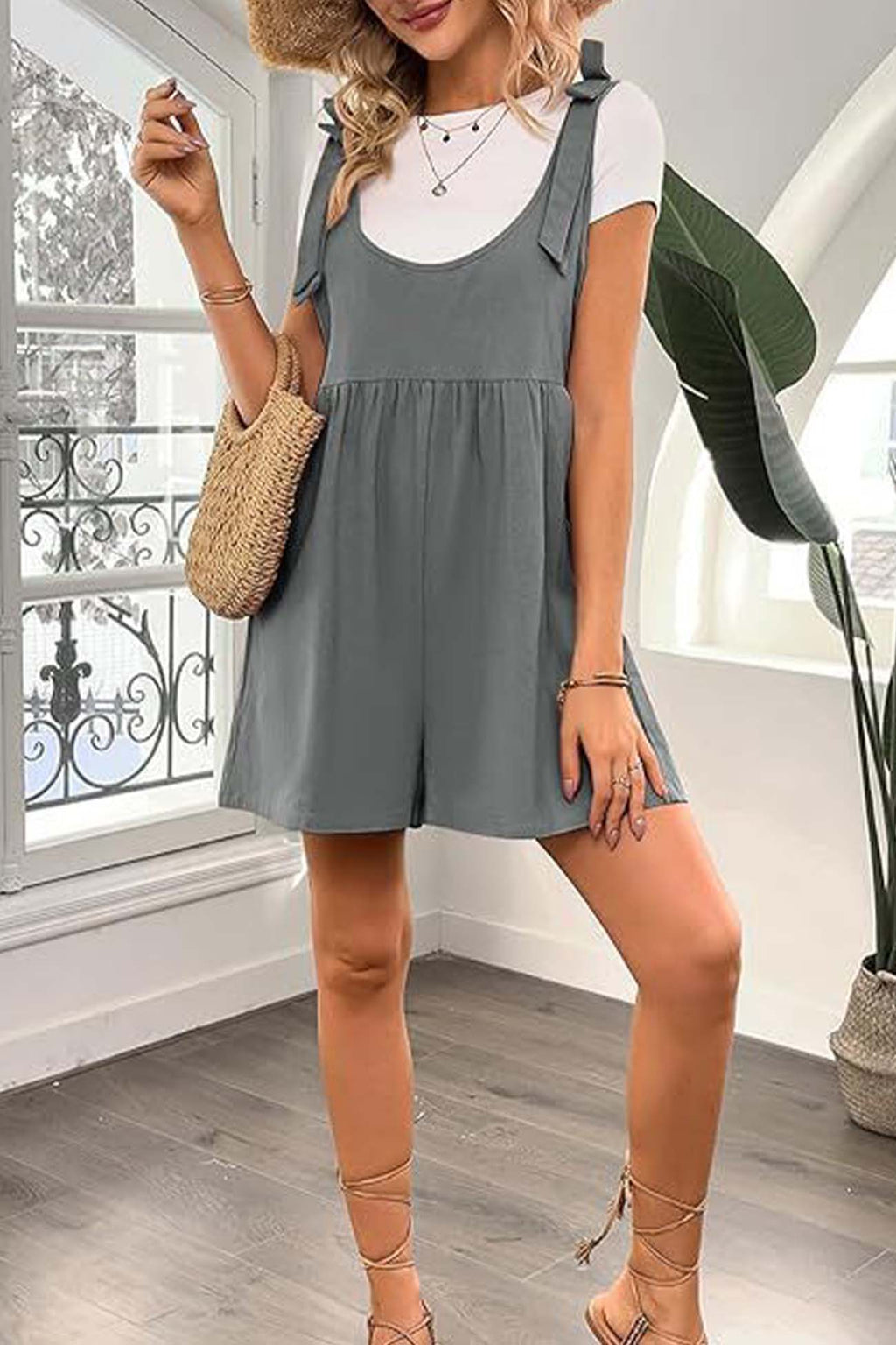 Color Shoulder Bow Pocket Rompers