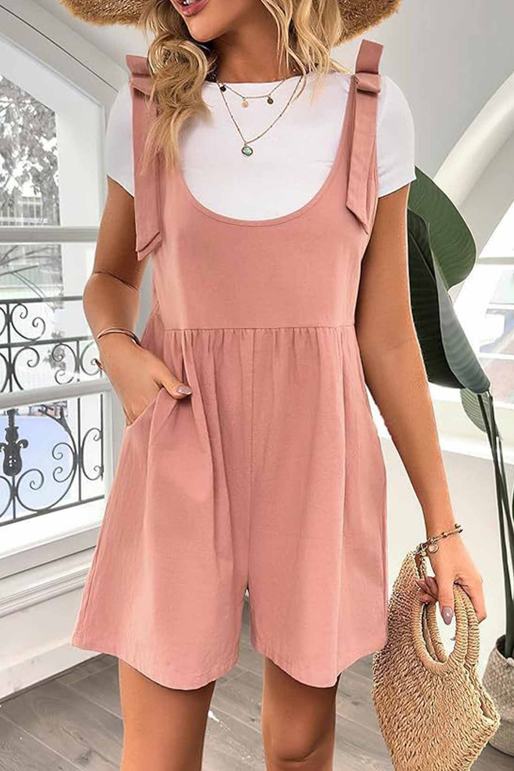Color Shoulder Bow Pocket Rompers