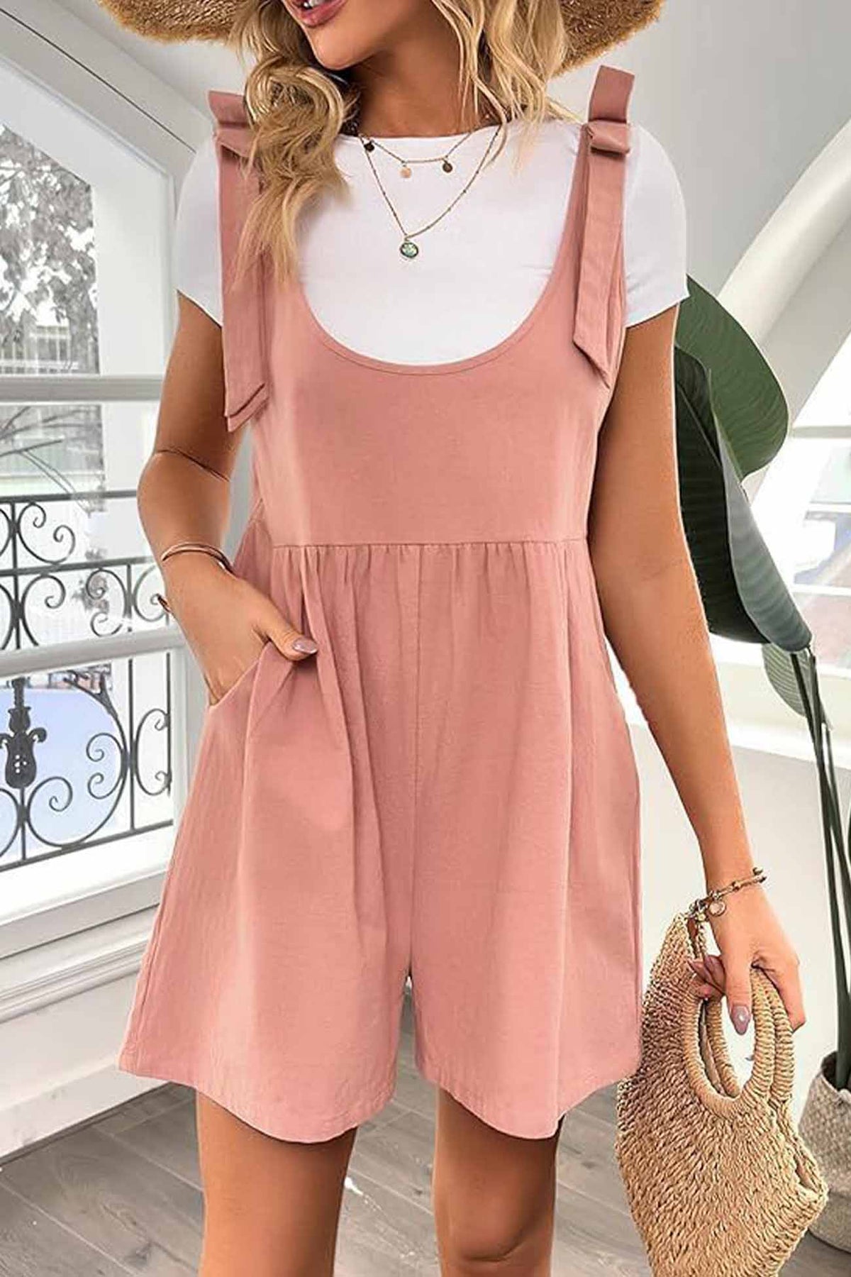 Color Shoulder Bow Pocket Rompers