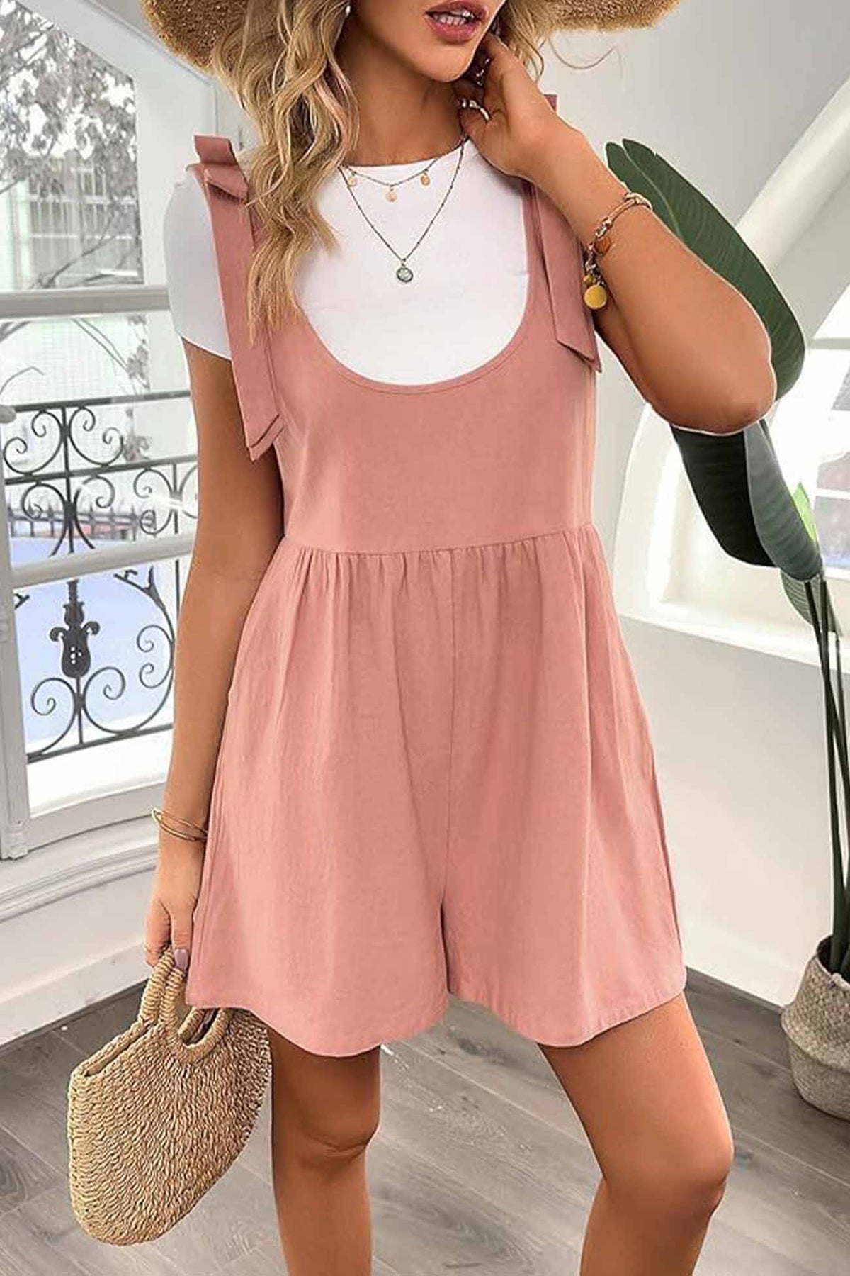 Color Shoulder Bow Pocket Rompers