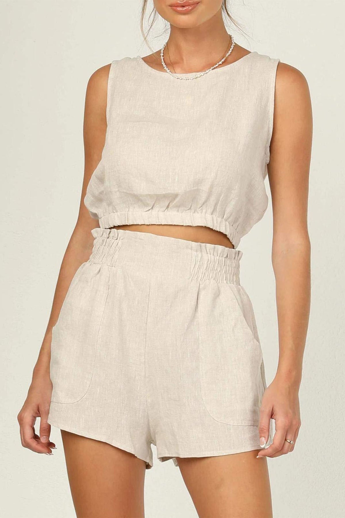 Color Sleeveless Crop Top Shorts Set