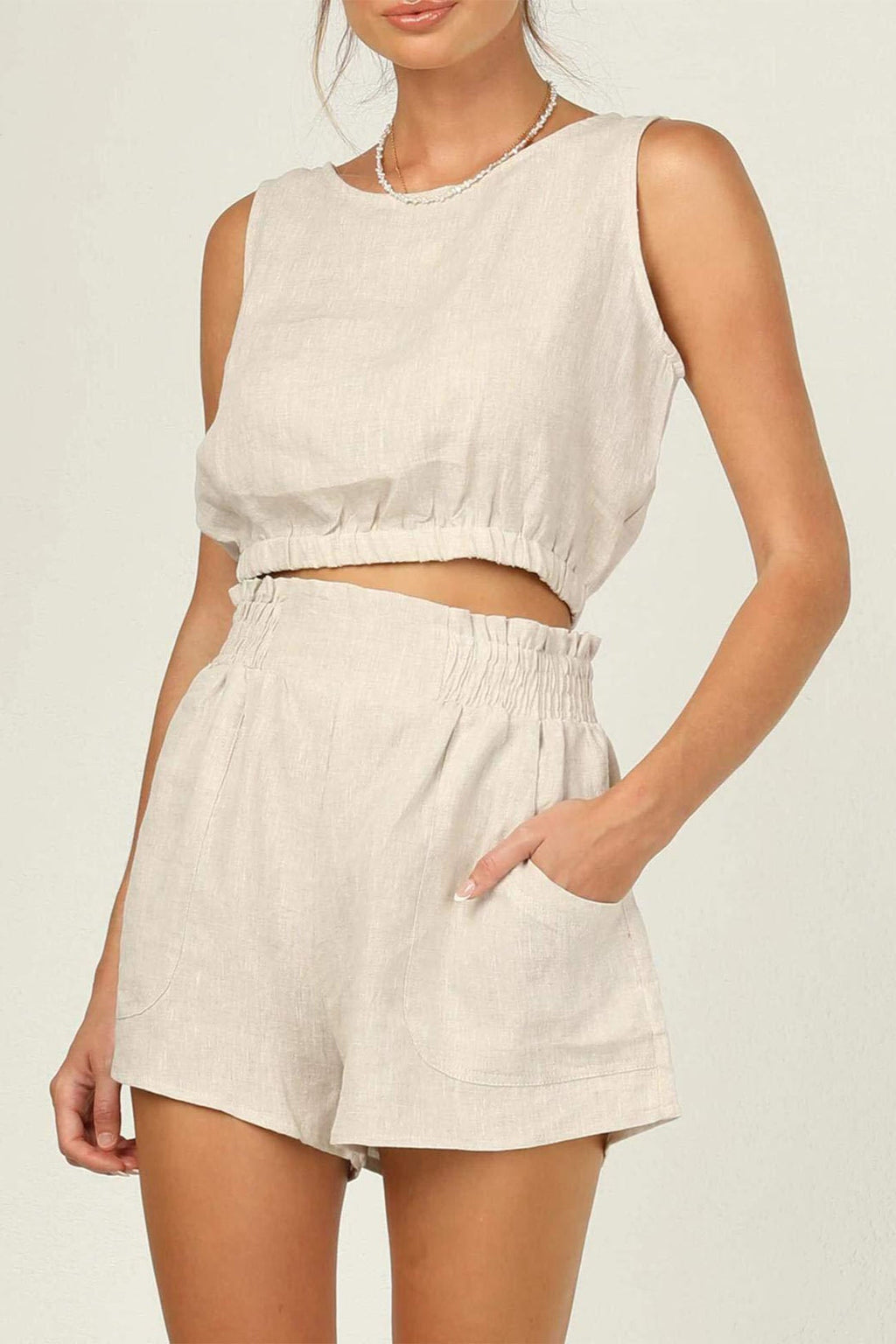 Color Sleeveless Crop Top Shorts Set