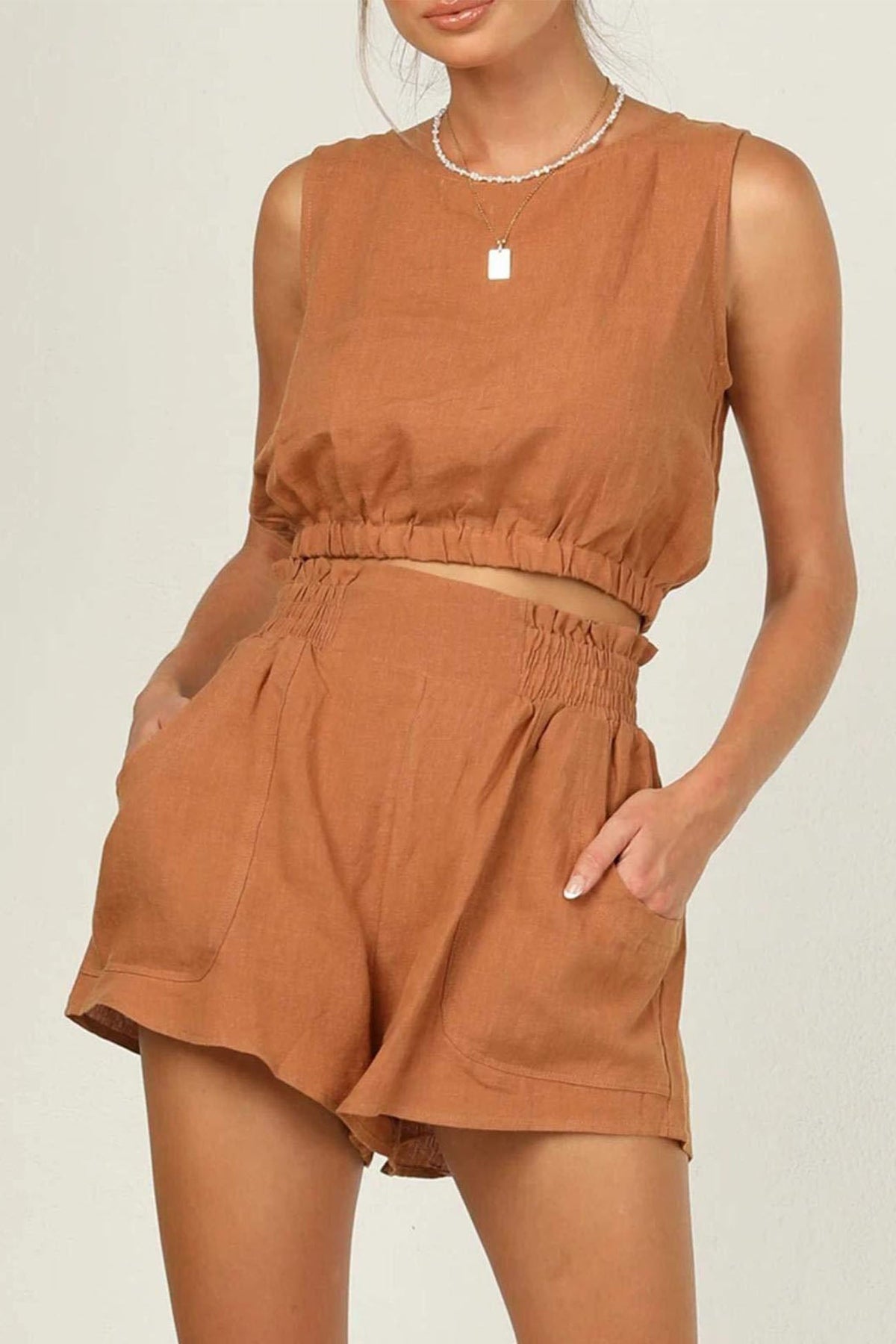 Color Sleeveless Crop Top Shorts Set
