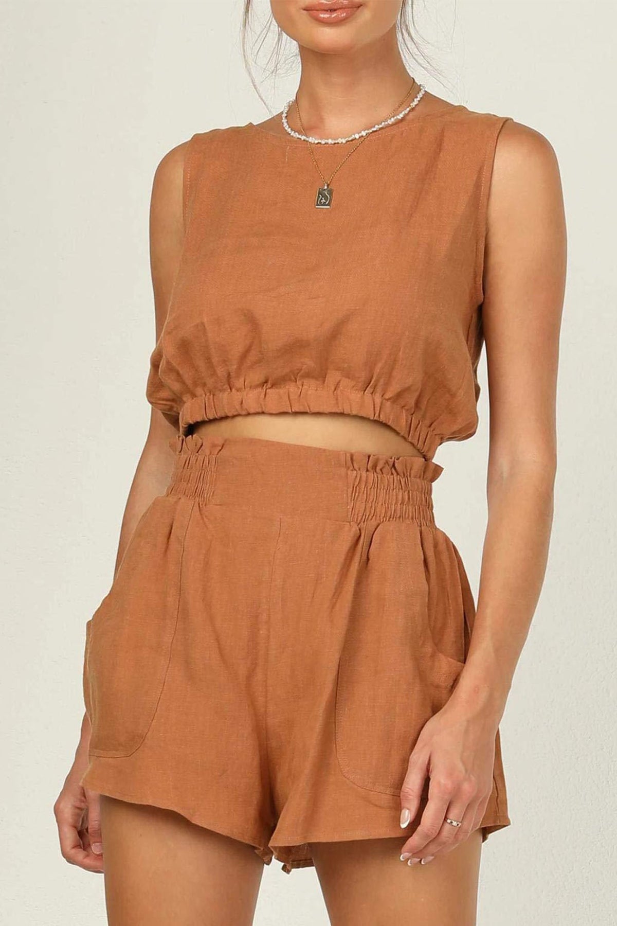 Color Sleeveless Crop Top Shorts Set
