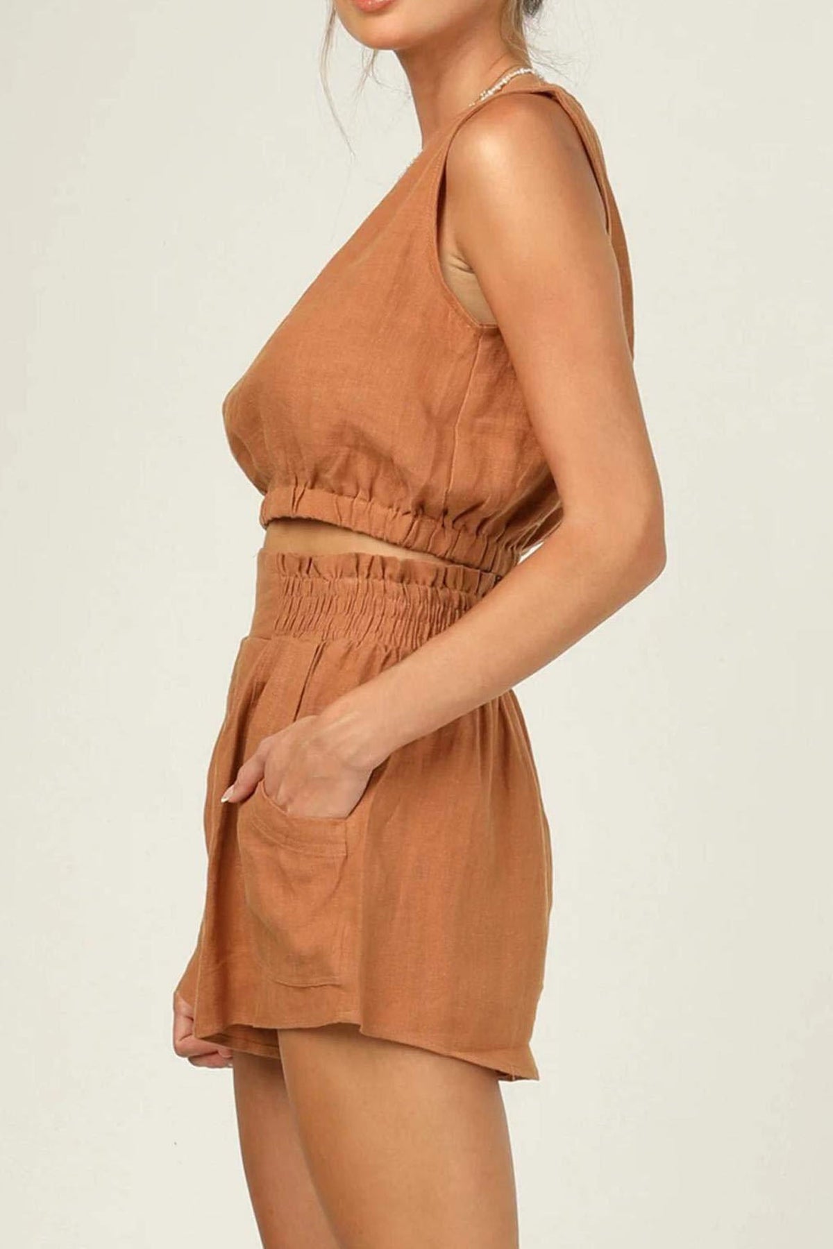 Color Sleeveless Crop Top Shorts Set