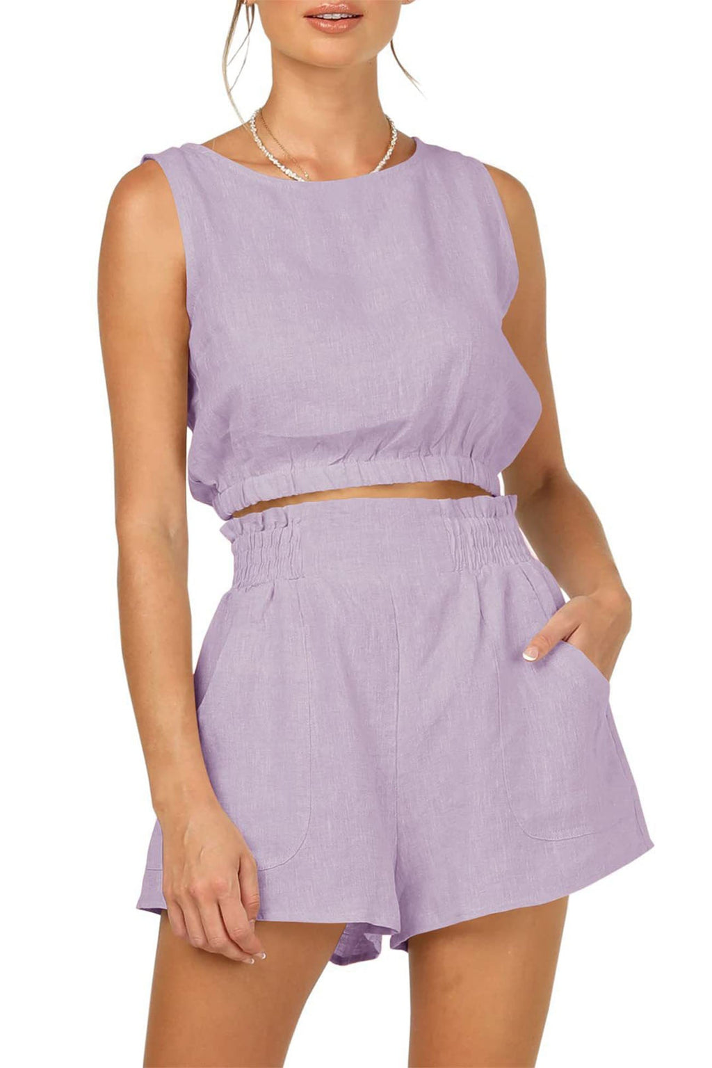 Color Sleeveless Crop Top Shorts Set