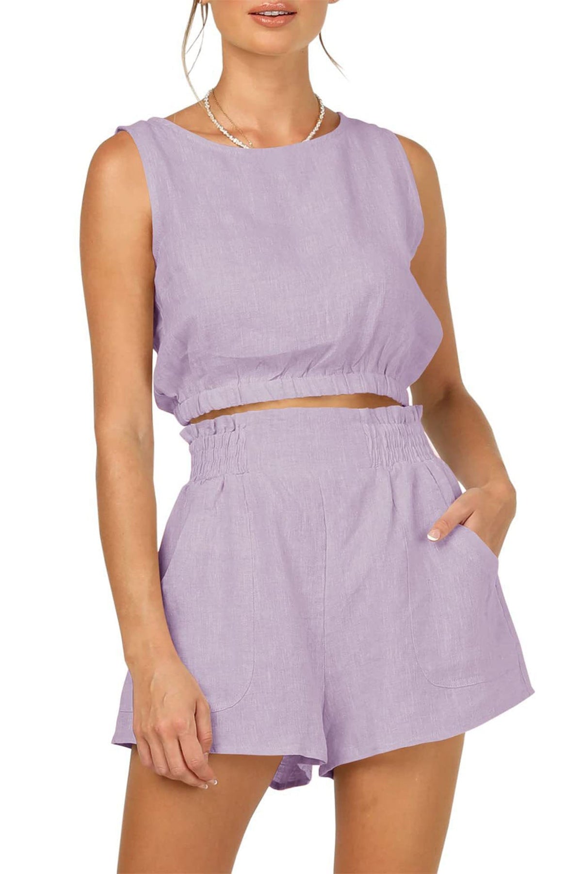 Color Sleeveless Crop Top Shorts Set