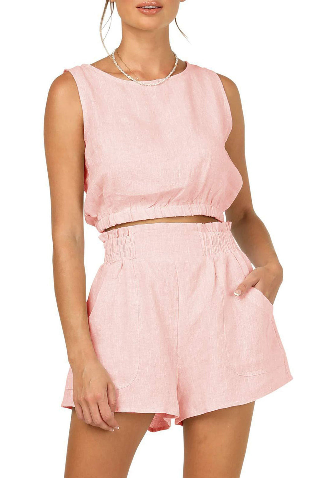 Color Sleeveless Crop Top Shorts Set