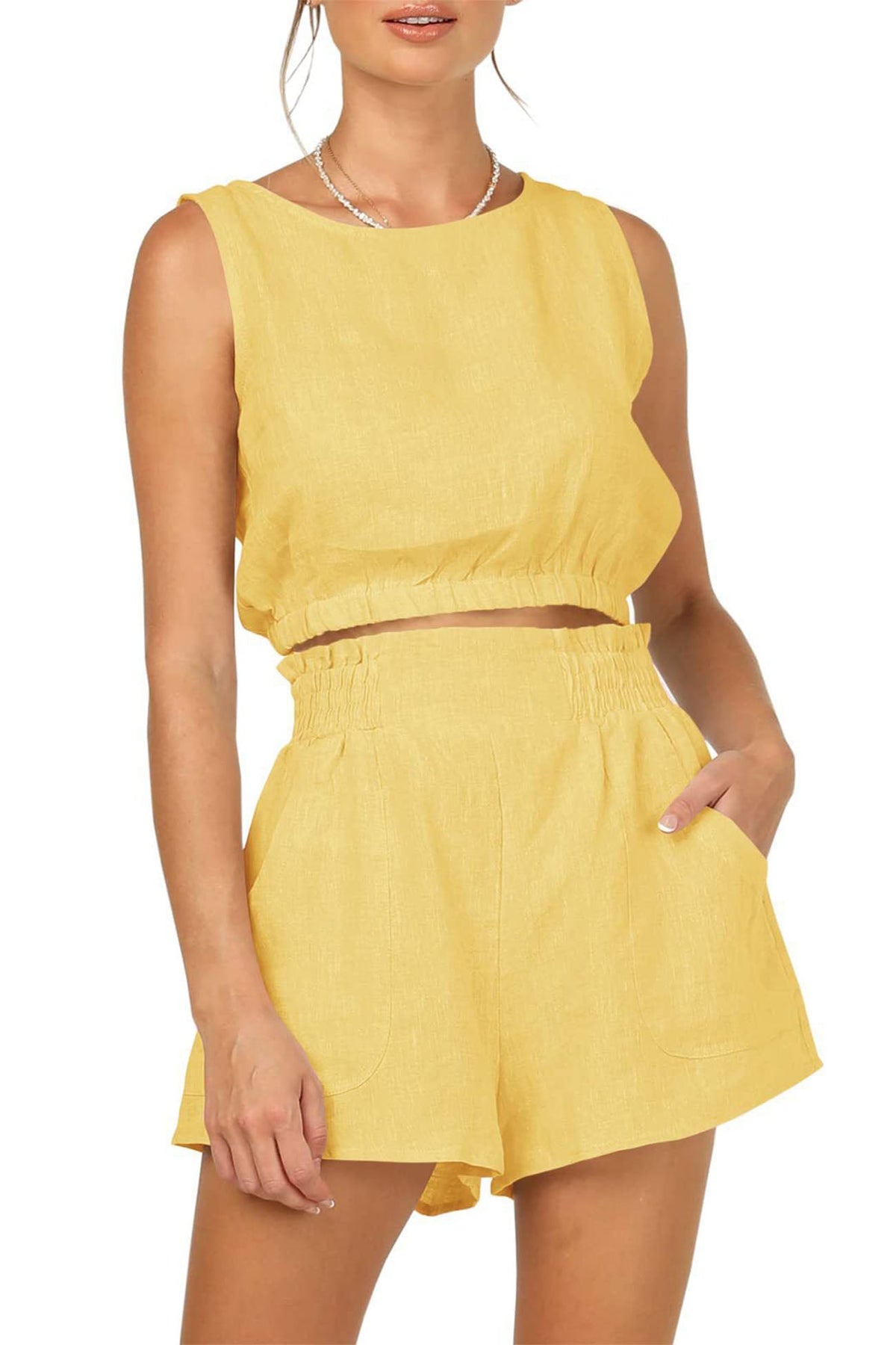 Color Sleeveless Crop Top Shorts Set