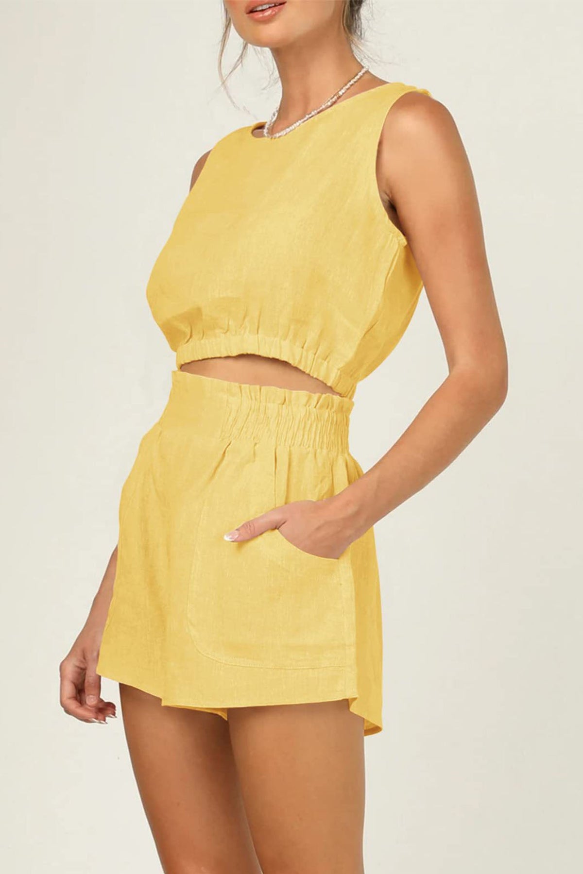 Color Sleeveless Crop Top Shorts Set