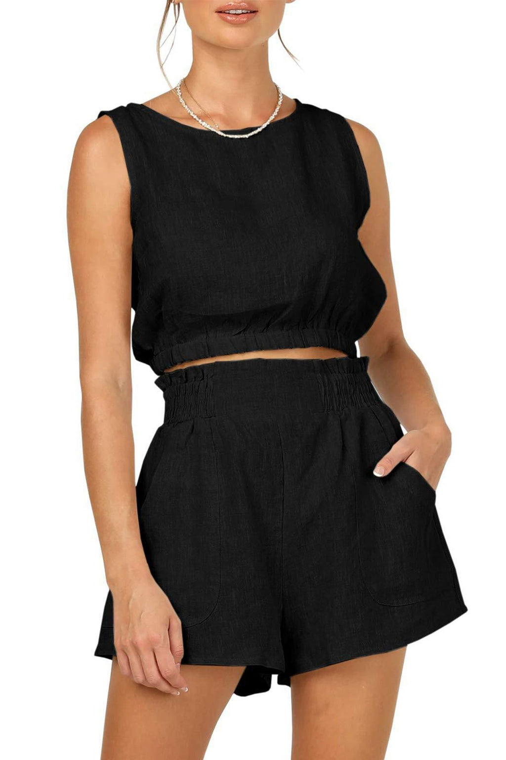 Color Sleeveless Crop Top Shorts Set