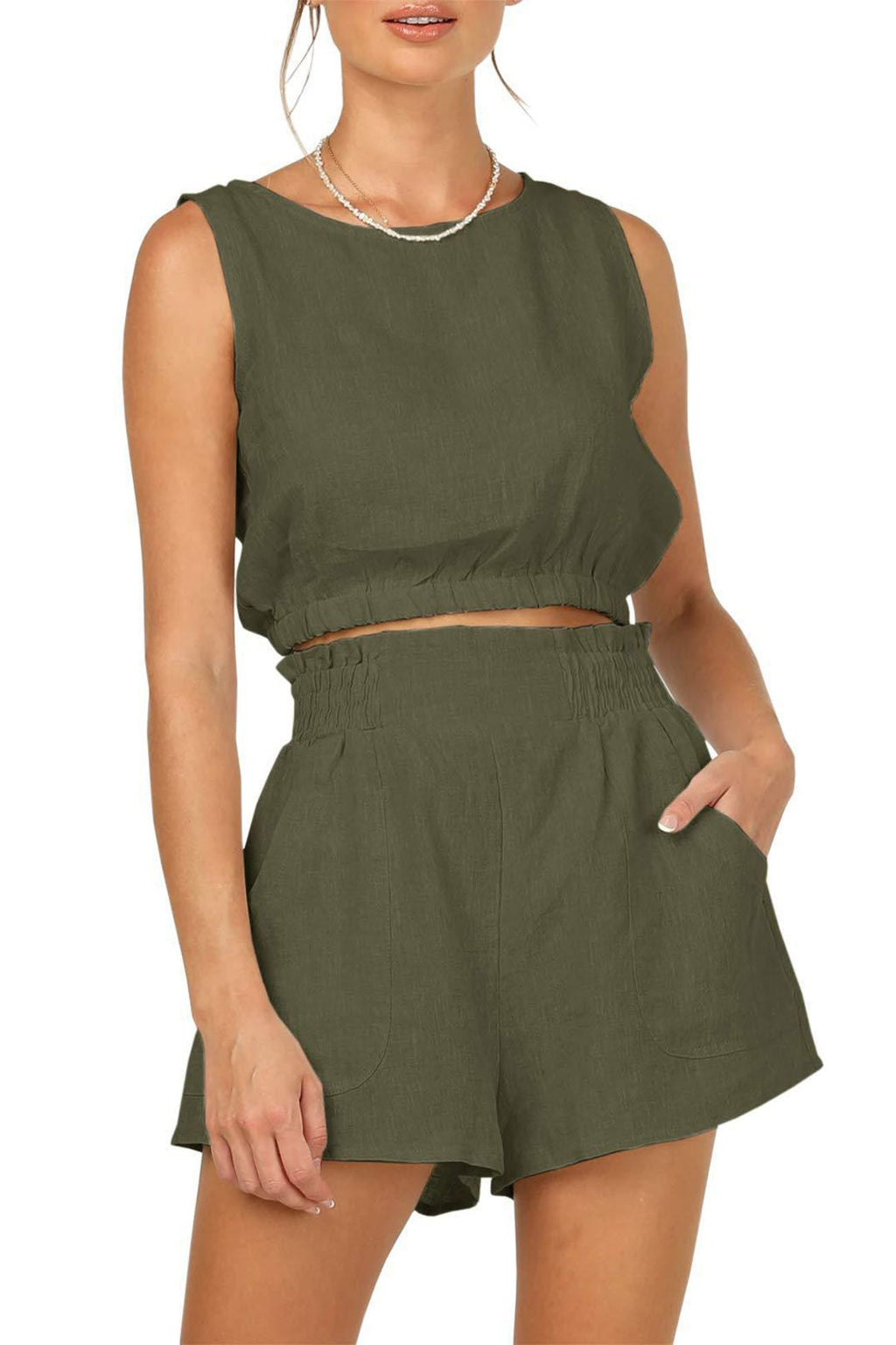 Color Sleeveless Crop Top Shorts Set