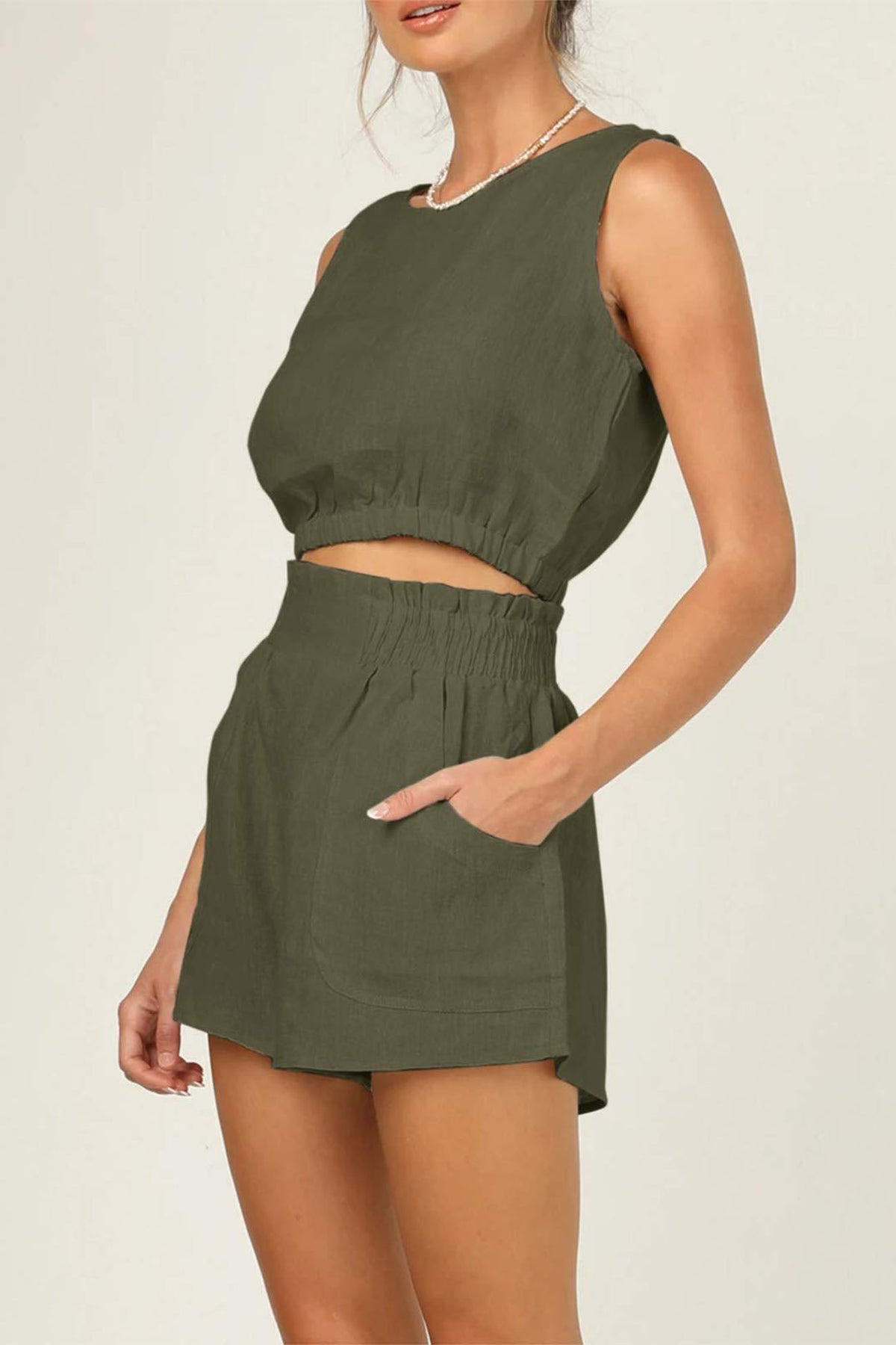 Color Sleeveless Crop Top Shorts Set