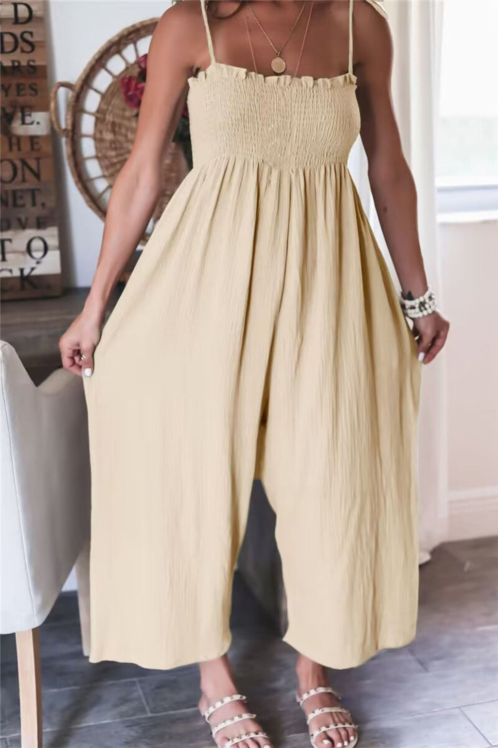 Color Sleeveless Smocked Jumpsuit