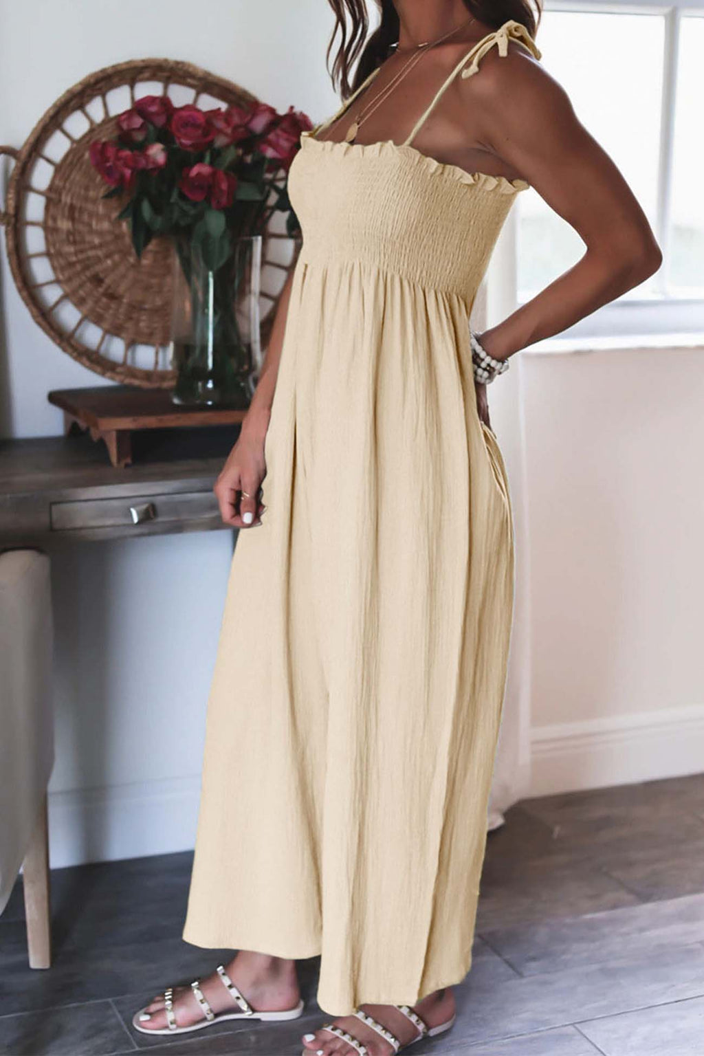Color Sleeveless Smocked Jumpsuit