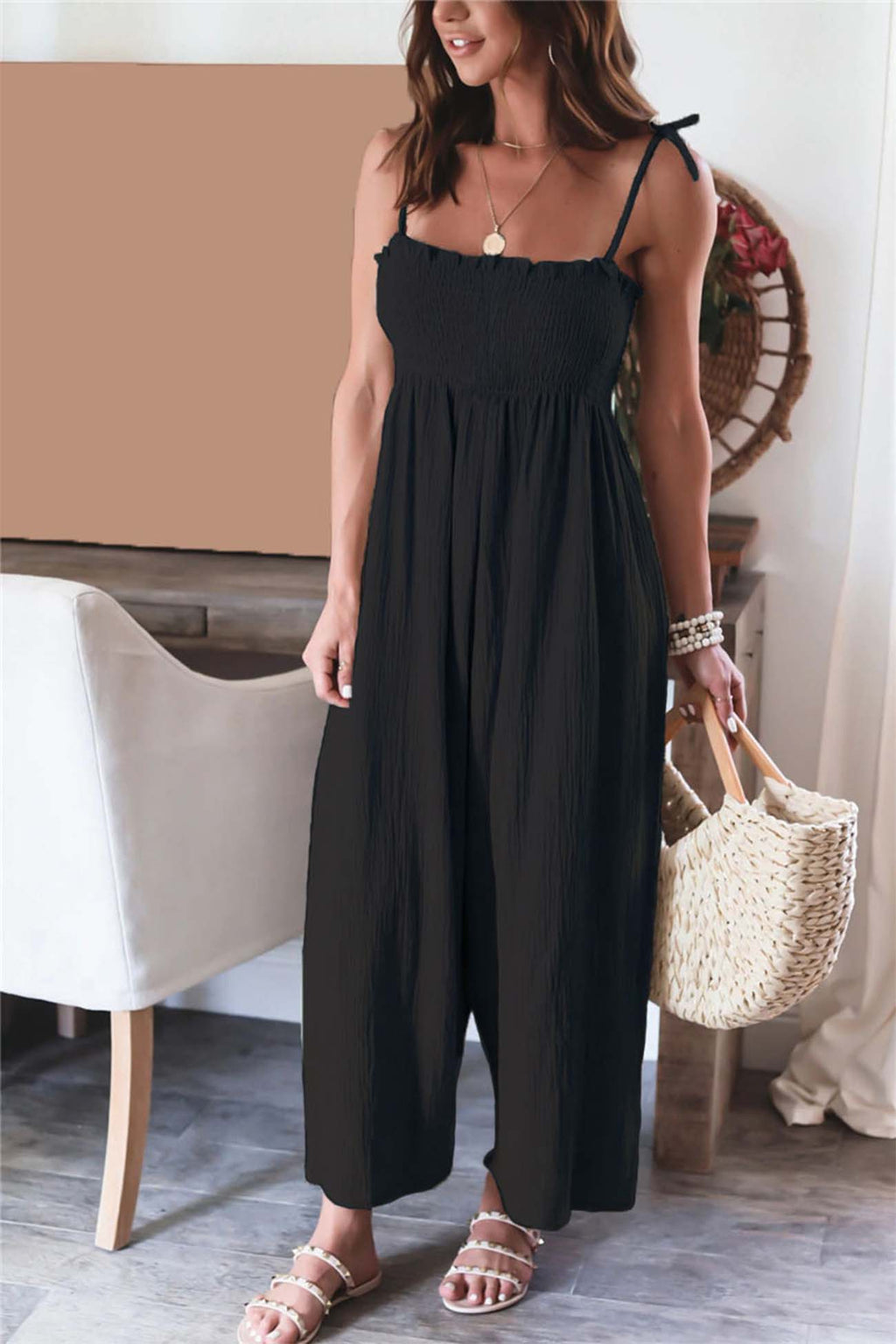 Color Sleeveless Smocked Jumpsuit