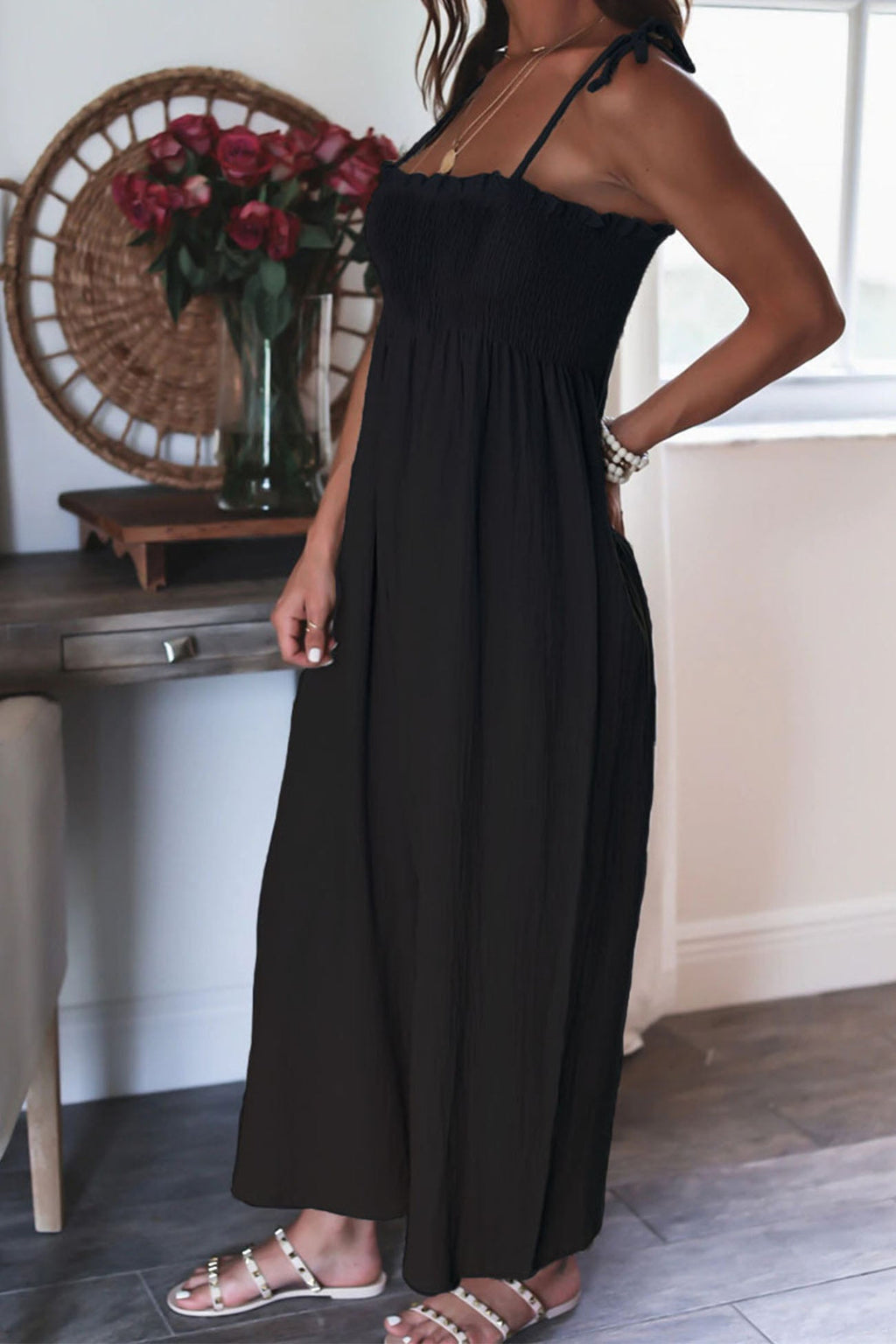 Color Sleeveless Smocked Jumpsuit
