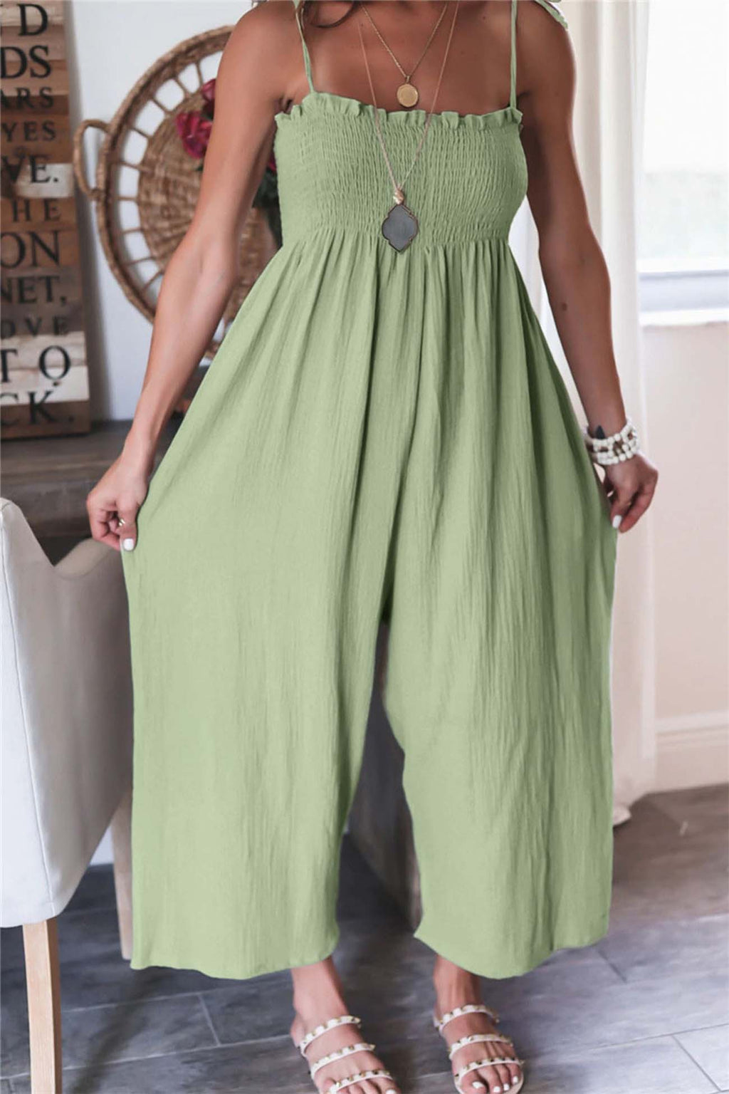 Color Sleeveless Smocked Jumpsuit