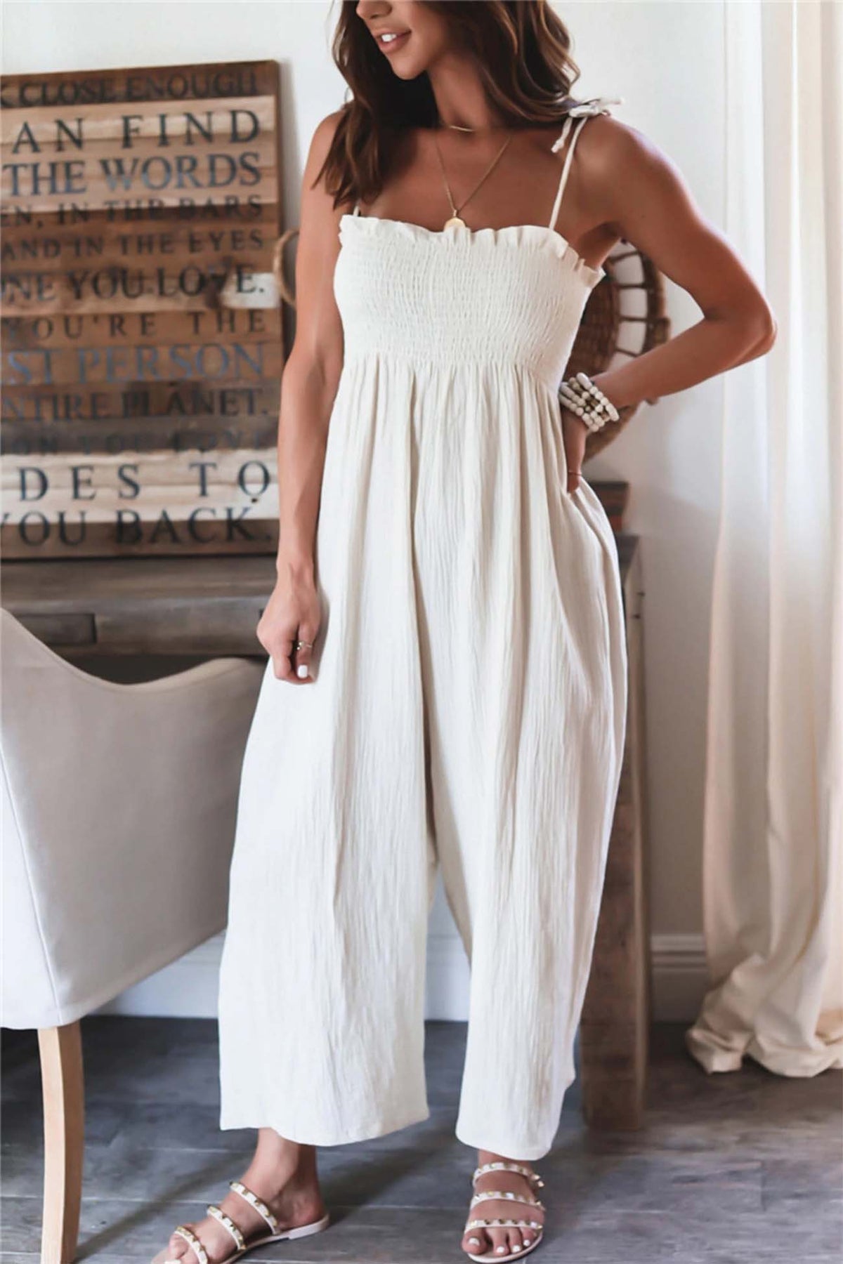 Color Sleeveless Smocked Jumpsuit