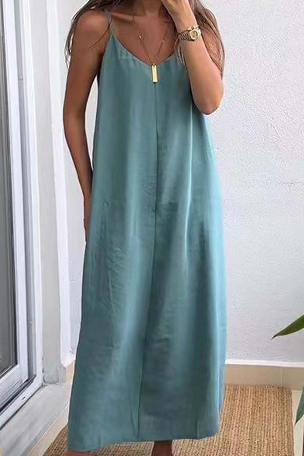 Color Spaghetti Straps Loose Midi Dress