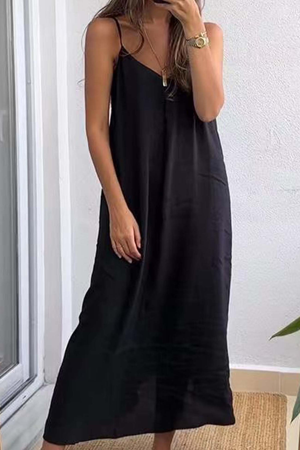 Color Spaghetti Straps Loose Midi Dress