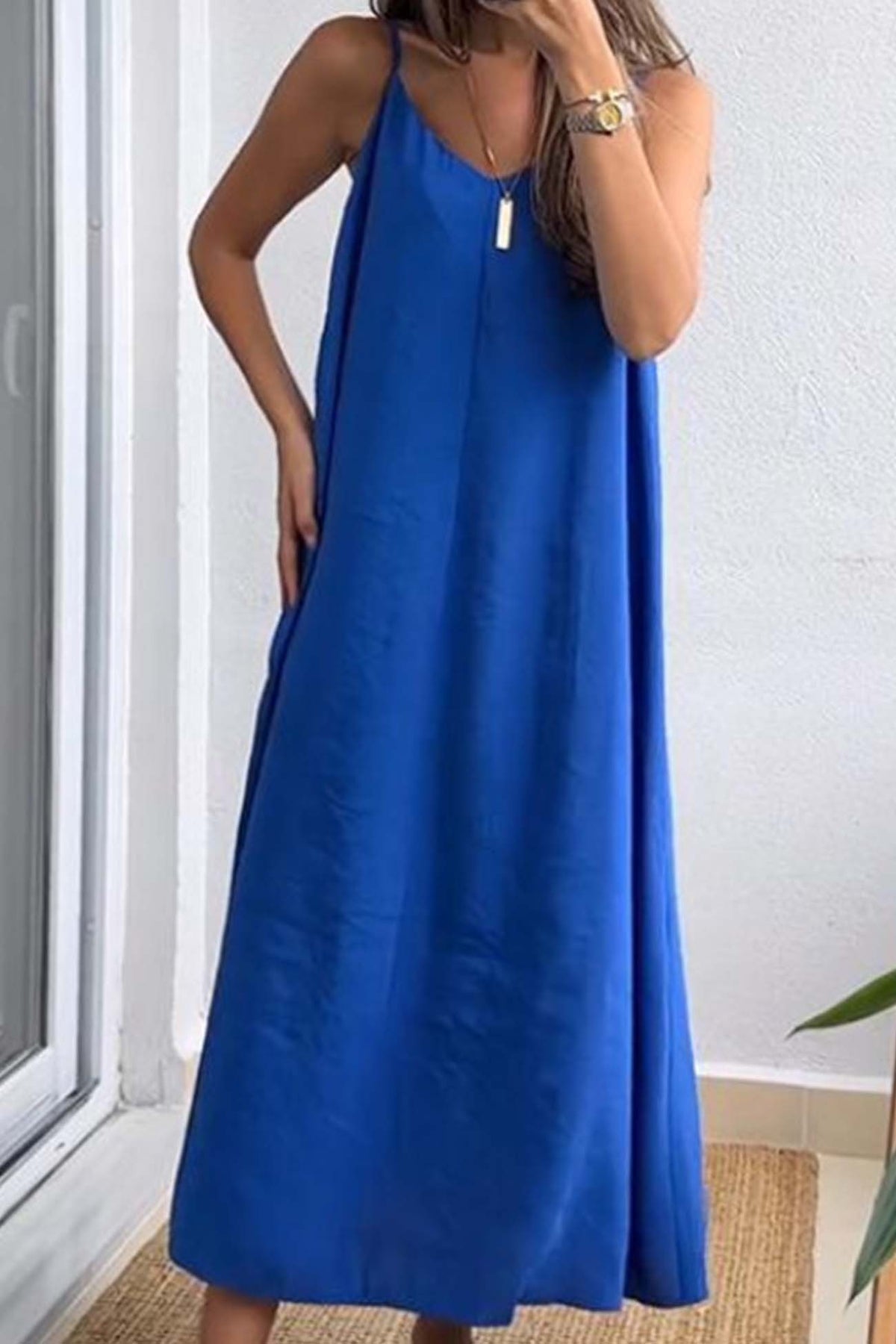 Color Spaghetti Straps Loose Midi Dress