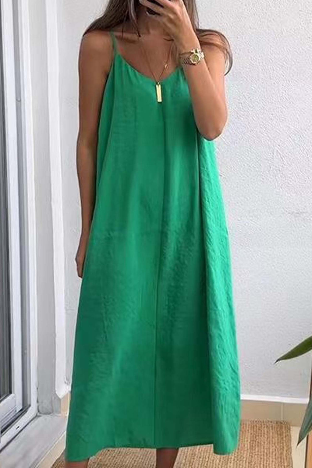 Color Spaghetti Straps Loose Midi Dress