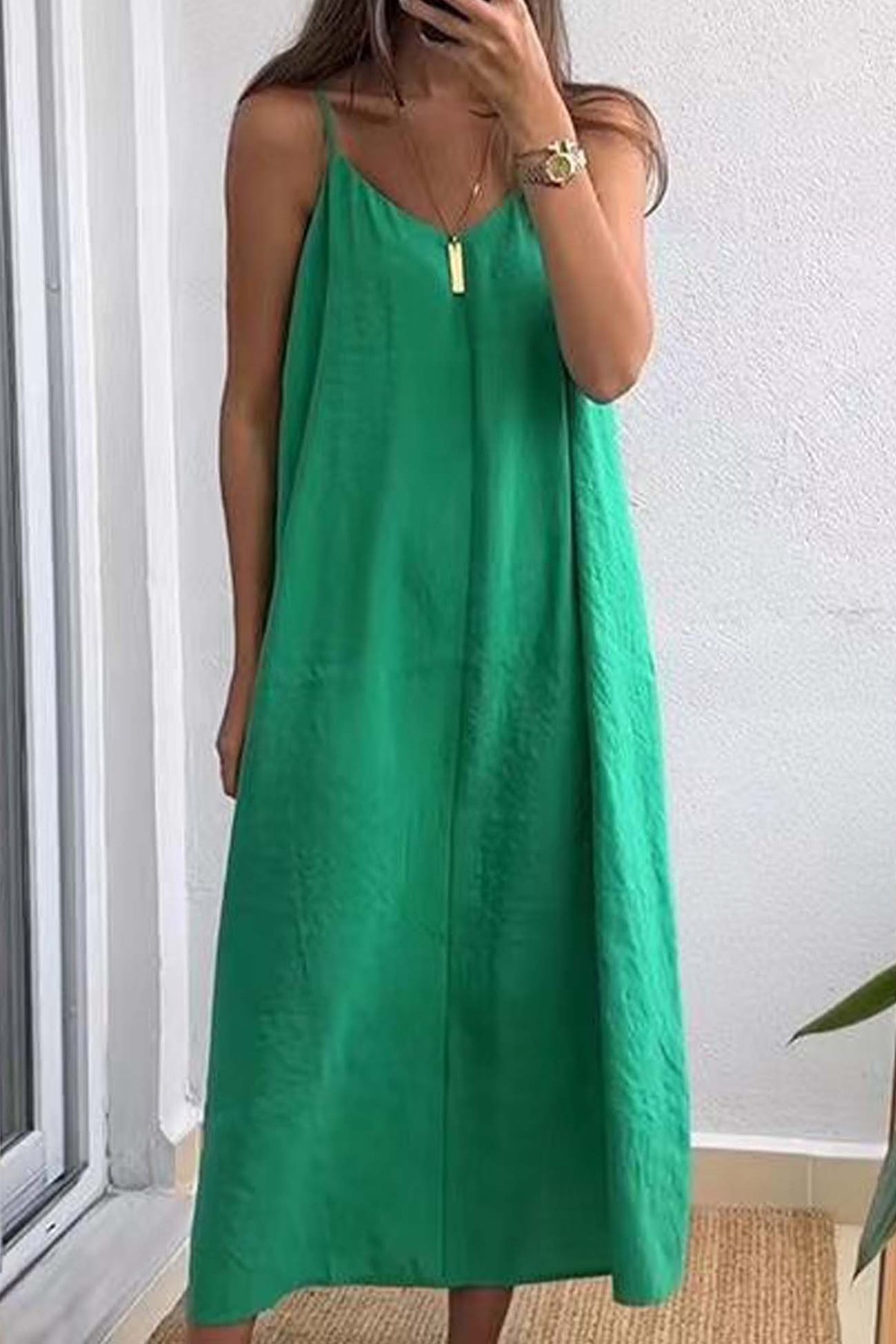 Color Spaghetti Straps Loose Midi Dress