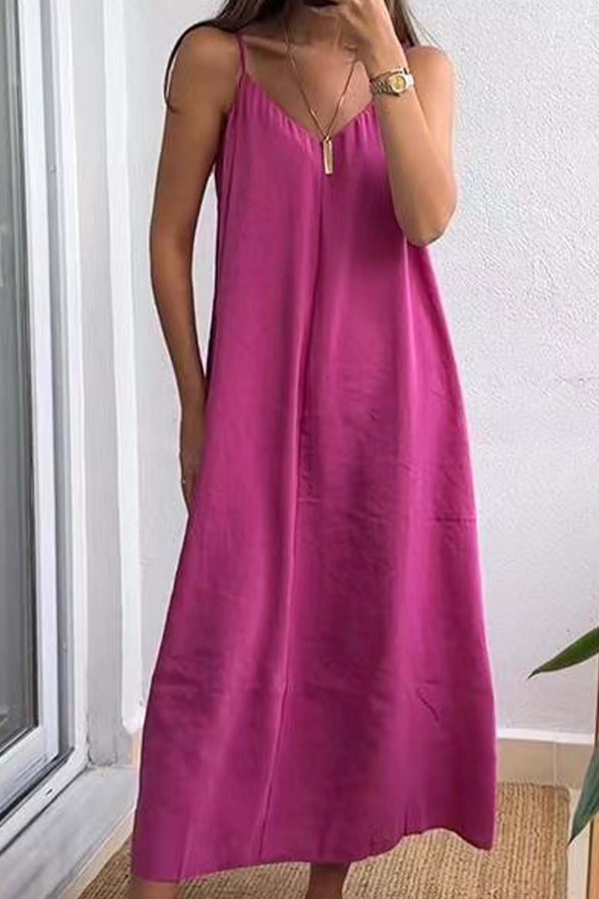 Color Spaghetti Straps Loose Midi Dress