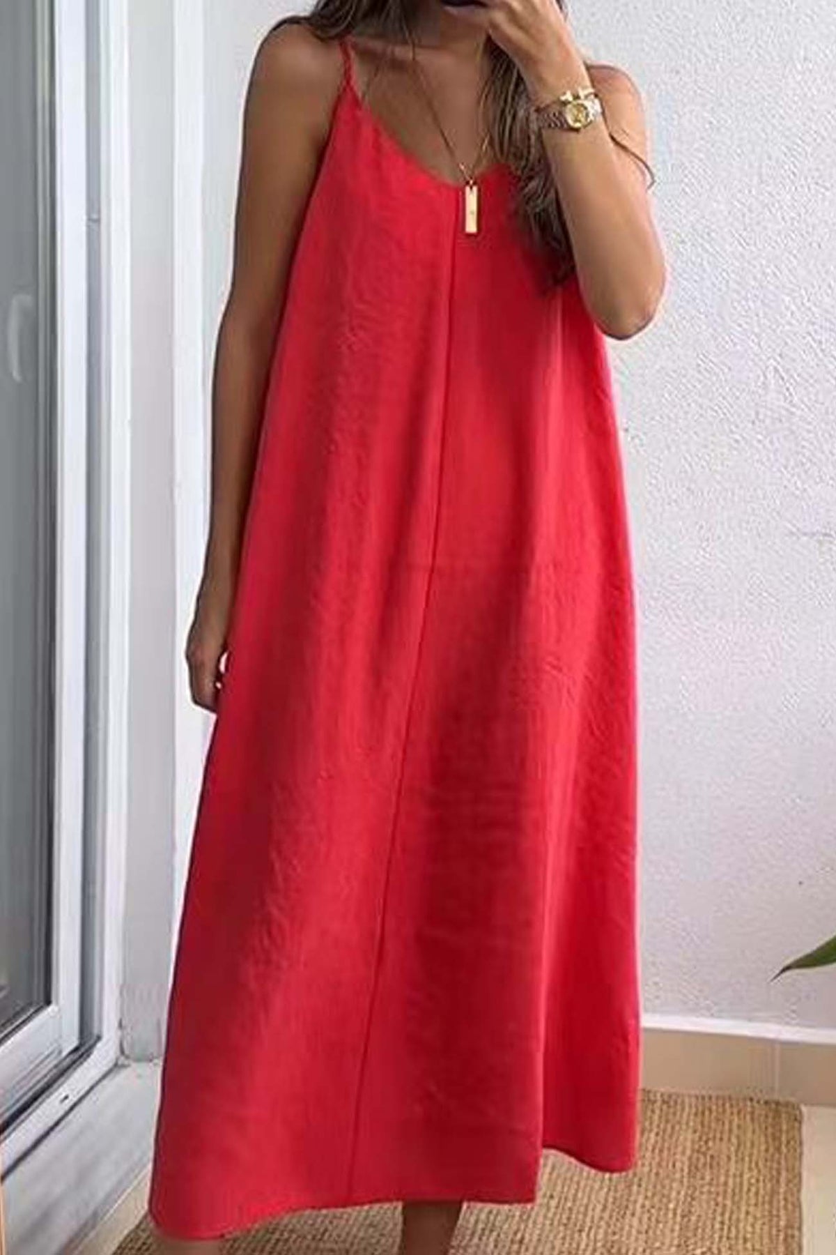 Color Spaghetti Straps Loose Midi Dress