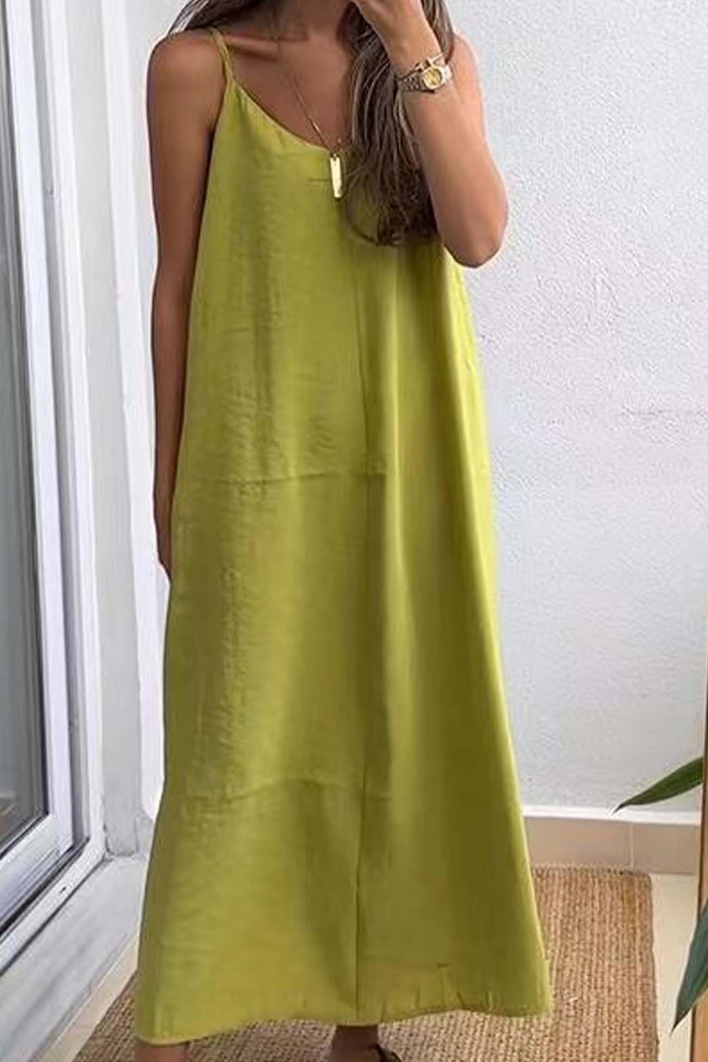 Color Spaghetti Straps Loose Midi Dress