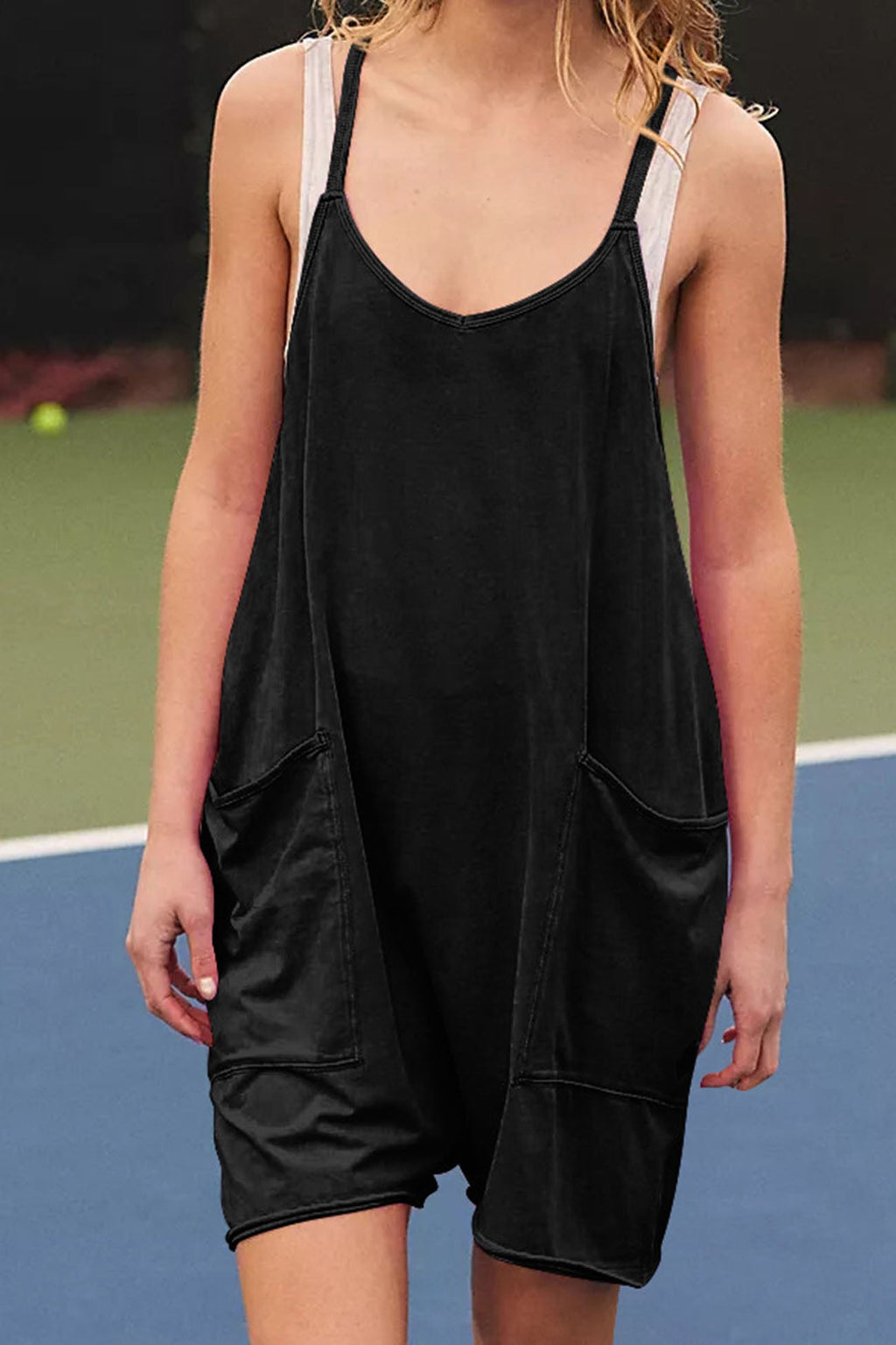 Color V Neck Pocket Cami Rompers