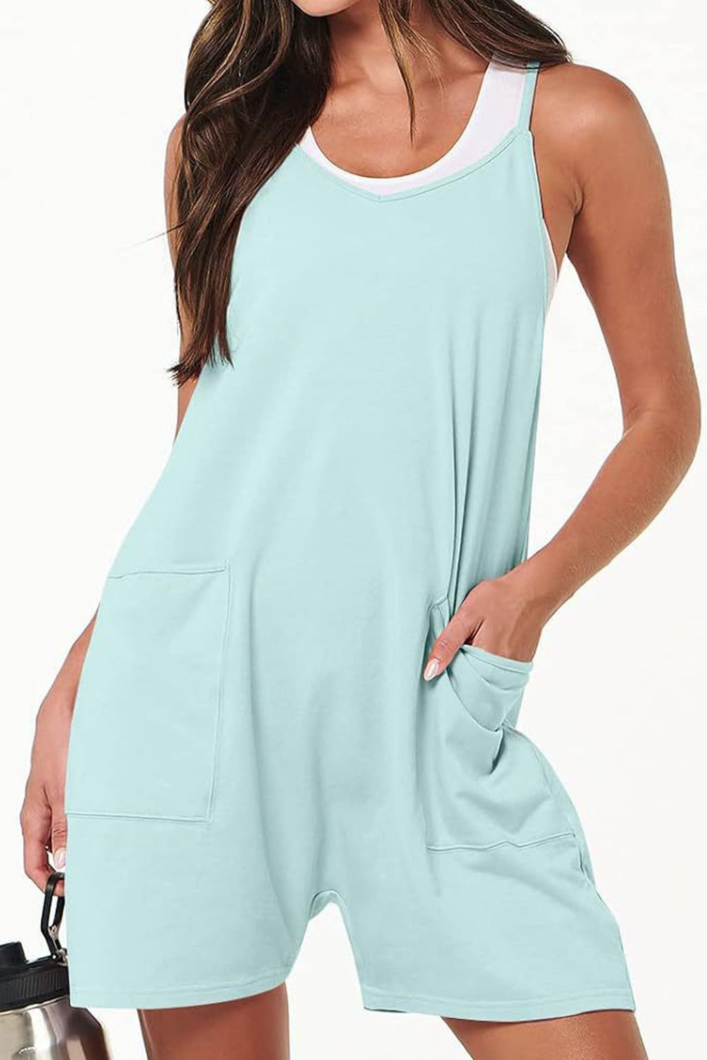 Color V Neck Pocket Cami Rompers