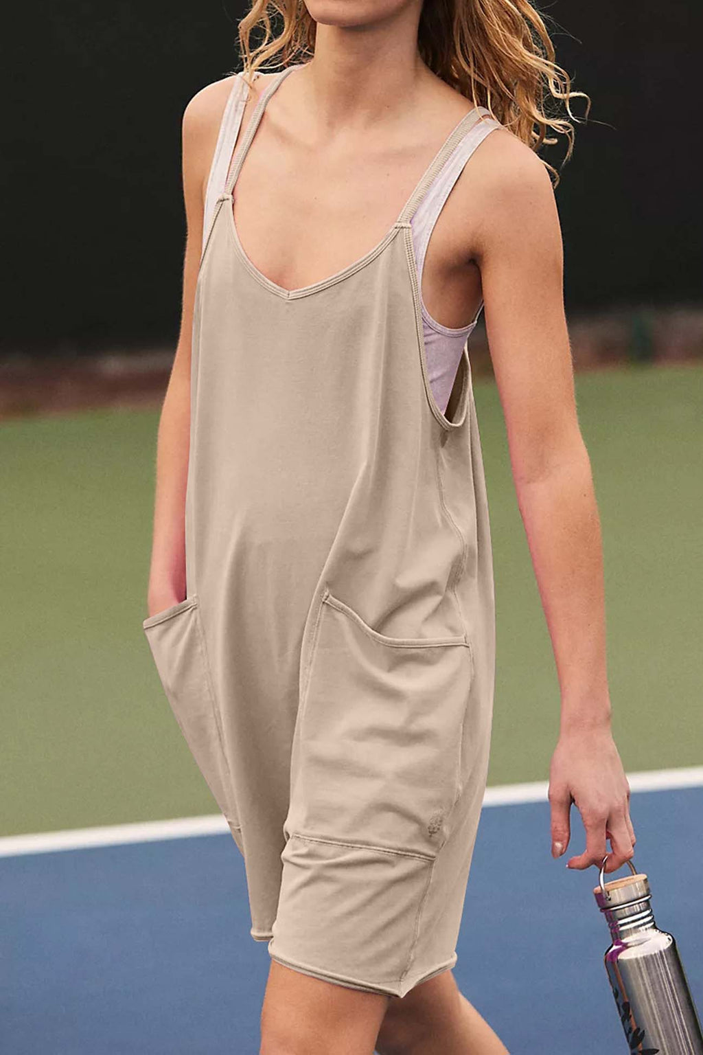 Color V Neck Pocket Cami Rompers
