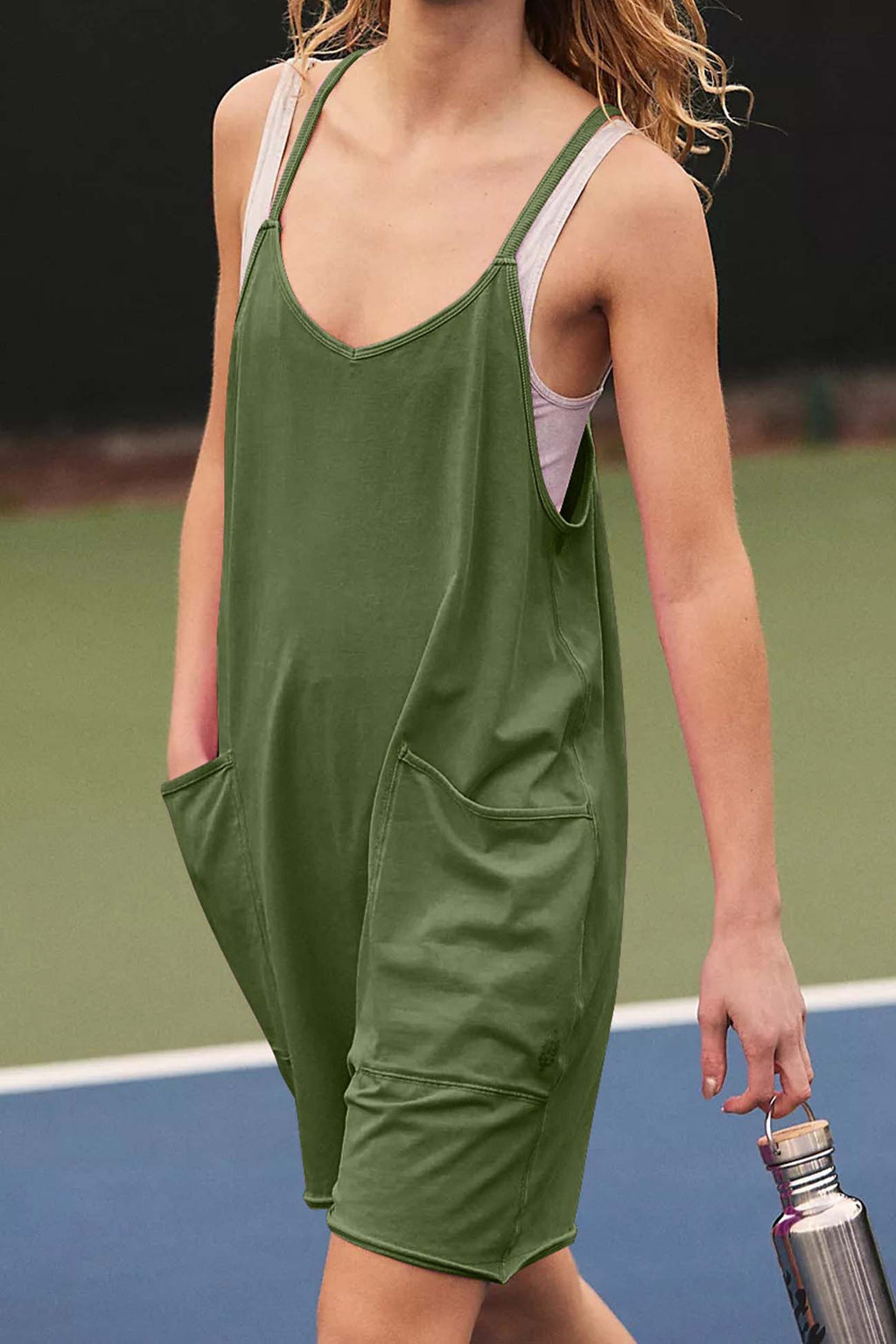 Color V Neck Pocket Cami Rompers
