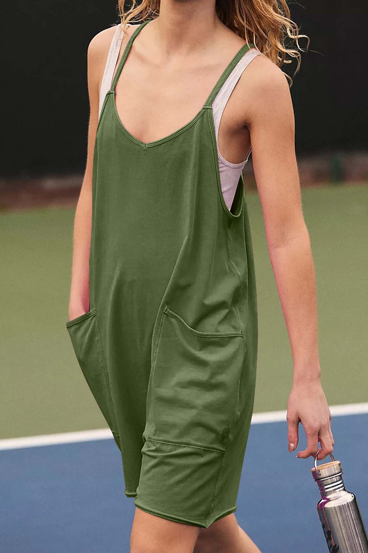 Color V Neck Pocket Cami Rompers
