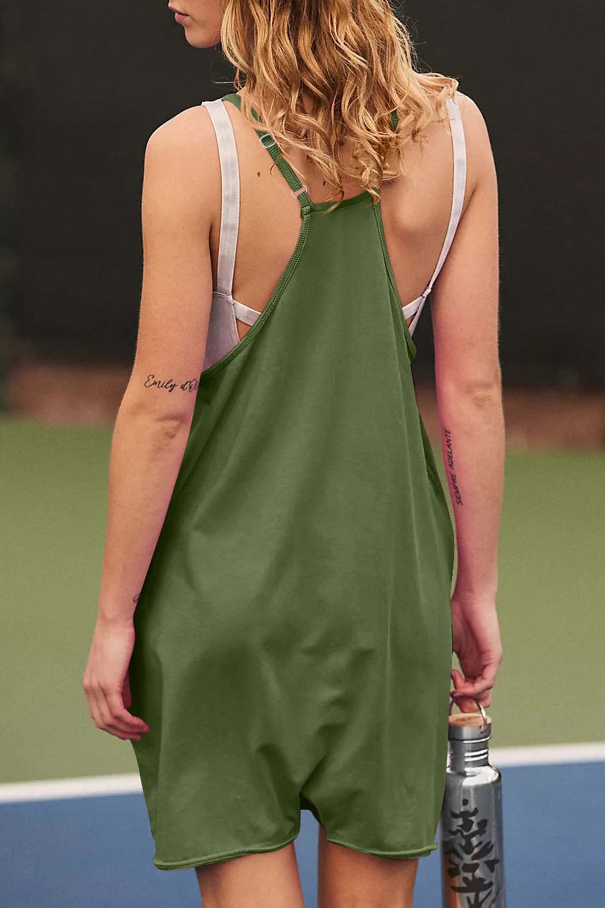 Color V Neck Pocket Cami Rompers