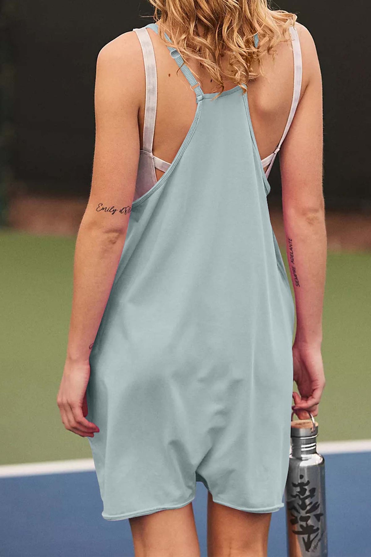 Color V Neck Pocket Cami Rompers