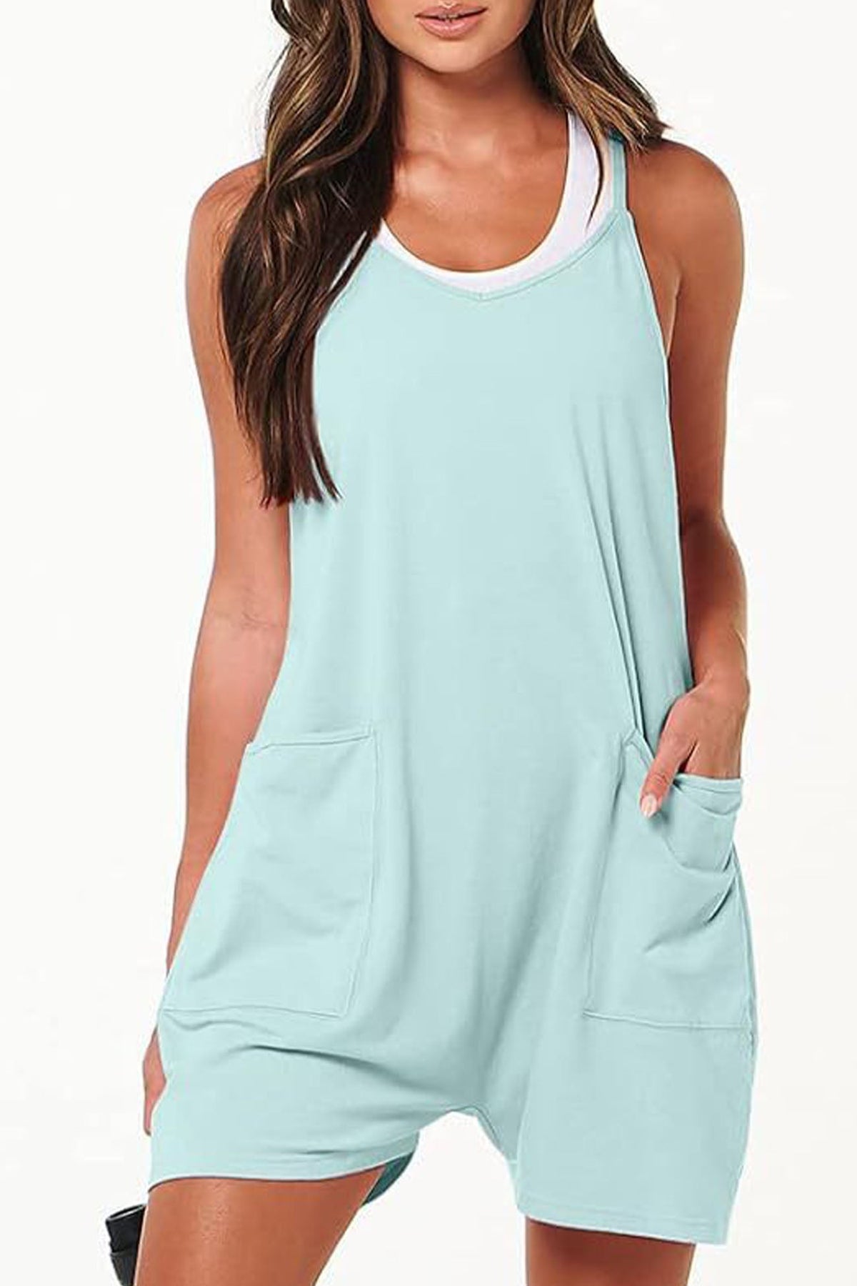 Color V Neck Pocket Cami Rompers