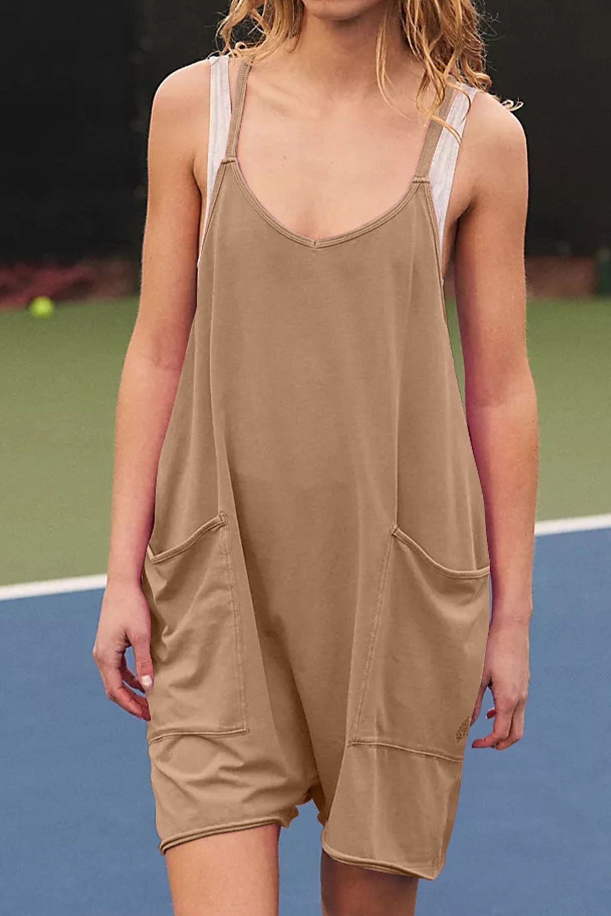 Color V Neck Pocket Cami Rompers