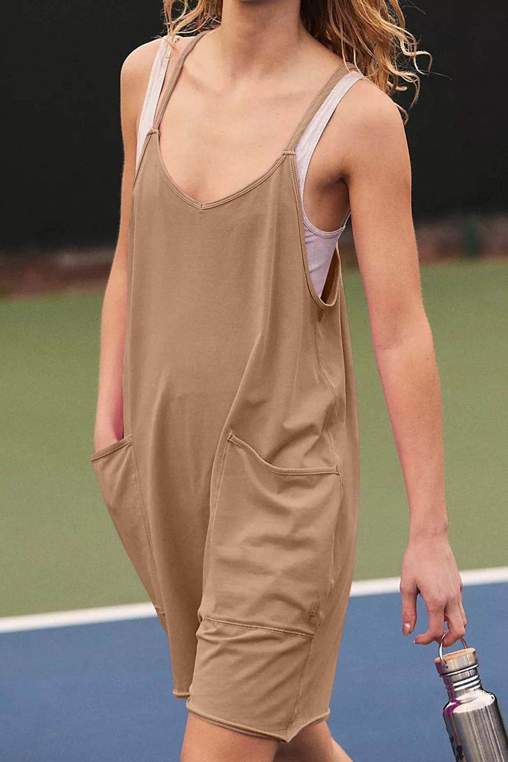 Color V Neck Pocket Cami Rompers
