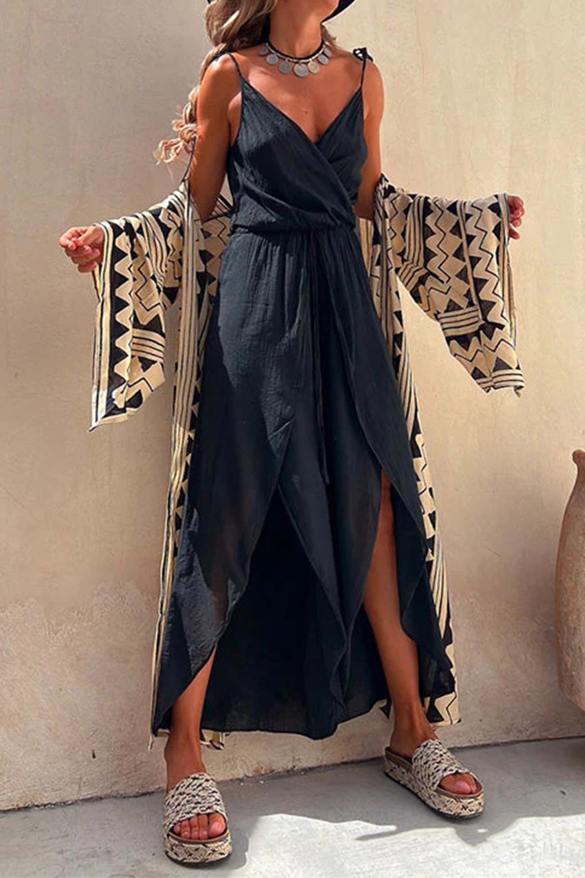 Color V Neck Sleeveless Slit Jumpsuit