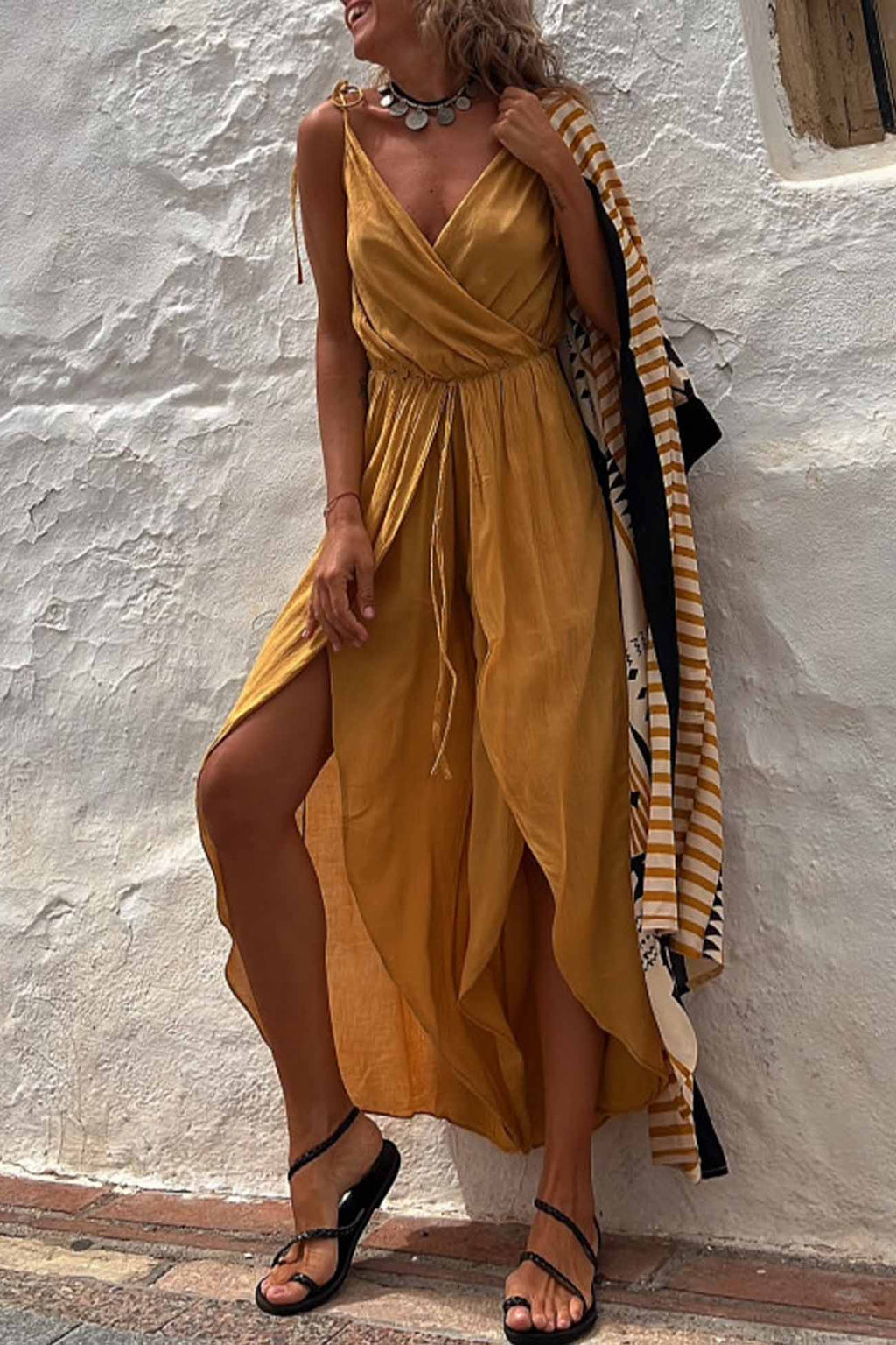 Color V Neck Sleeveless Slit Jumpsuit