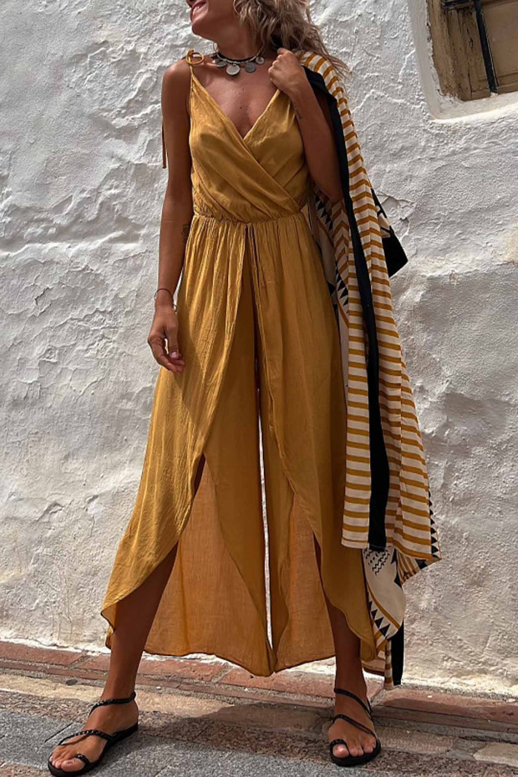 Color V Neck Sleeveless Slit Jumpsuit