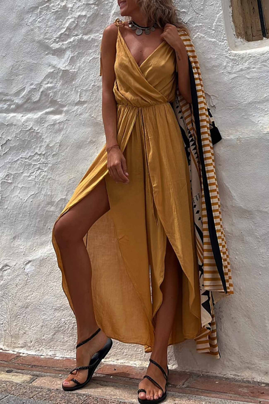 Color V Neck Sleeveless Slit Jumpsuit