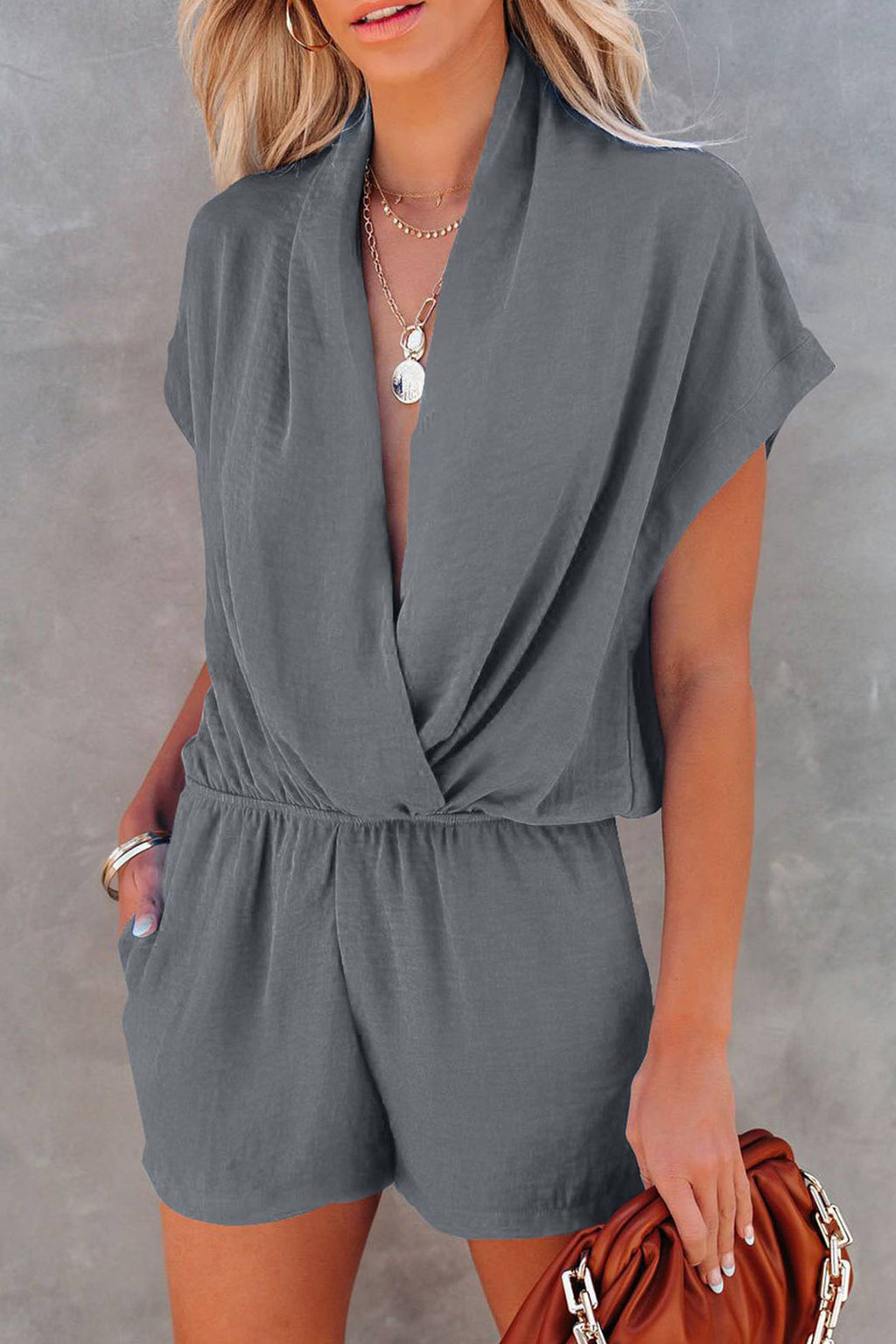 Plunge Neck Short Sleeve Rompers