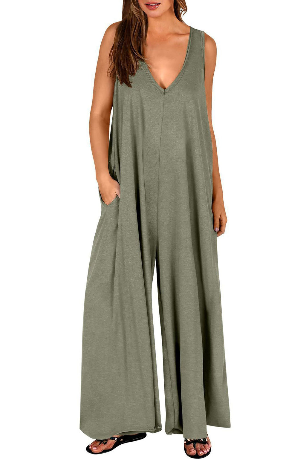 V Neck Pocket Wide Leg Jumpsuits