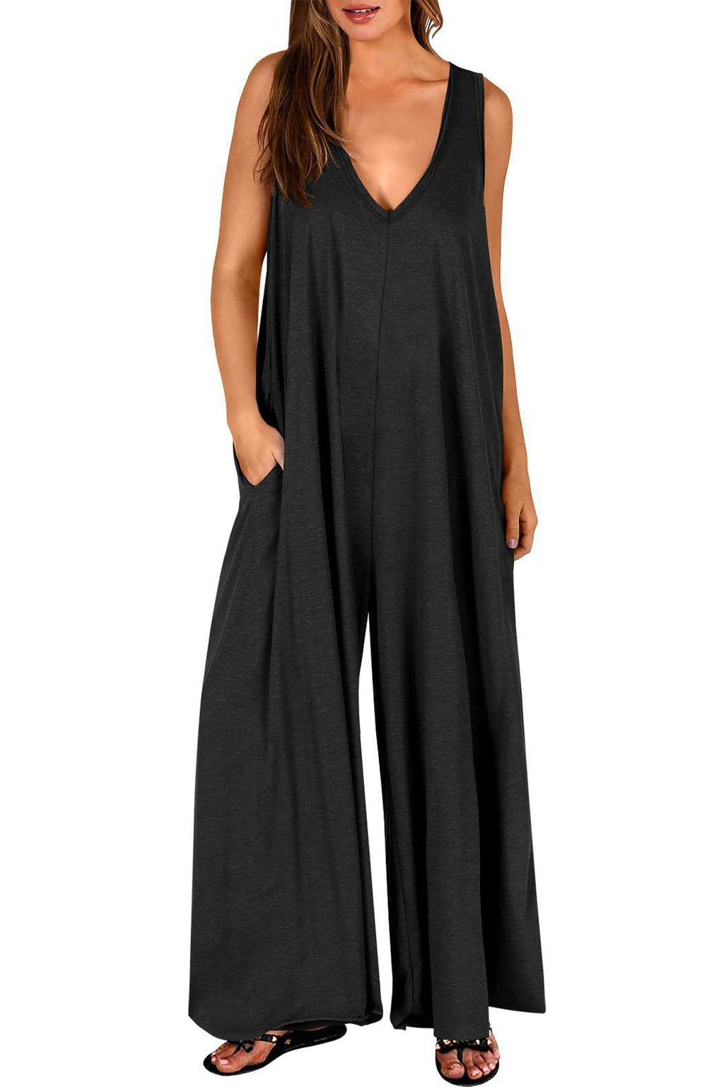 V Neck Pocket Wide Leg Jumpsuits